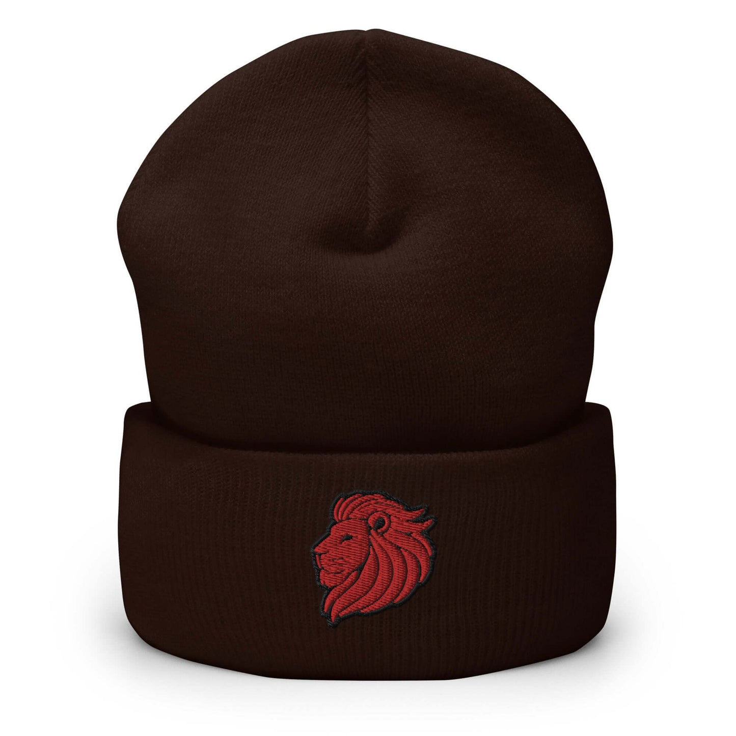 Cuffed Beanie "LION HEAD" Red One Size animal motif,beanie,bold design,courage,iconic,leadership,lion,majesty,motivational,nature,nature-inspired,noble,power,strength,unique design,unisex,warmth,winter wear