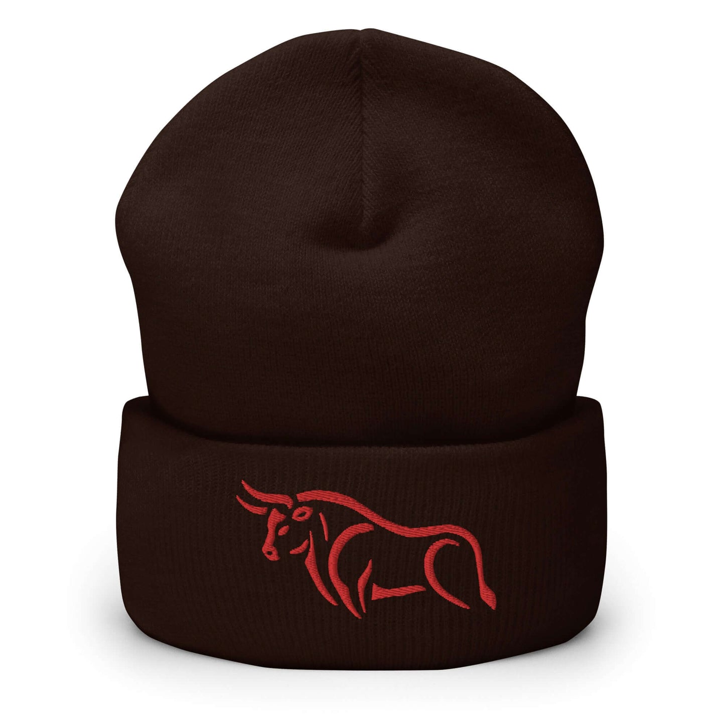 Cuffed Beanie "BULL SPIRIT 2" Red One Size animal motif,beanie,bold design,bull,endurance,iconic,motivational,nature-inspired,power,resilience,spirit,strength,unique design,unisex,warmth,winter wear