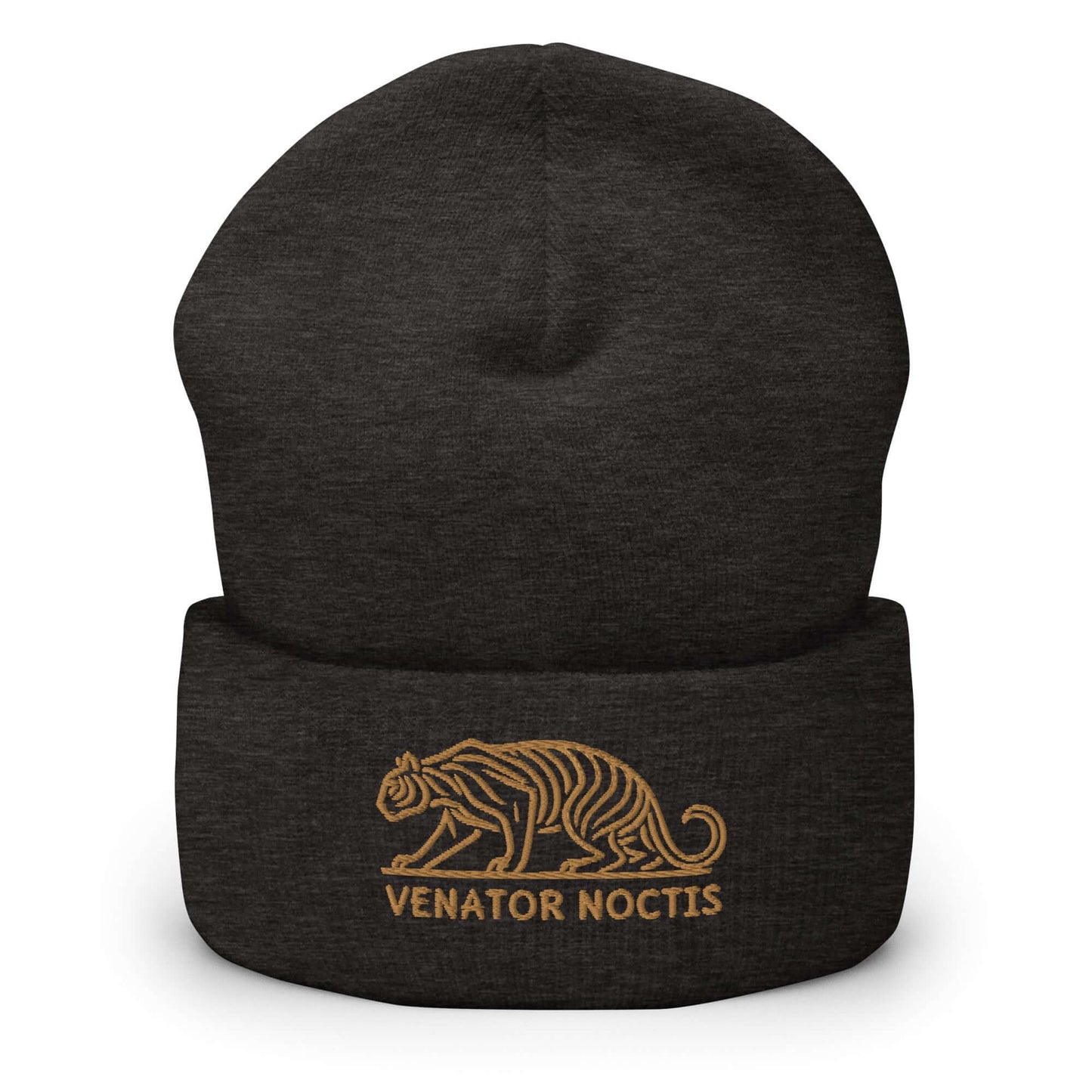 Cuffed Beanie Tiger "VENATOR NOCTIS" Old Gold One Size agility,animal motif,beanie,bold design,courage,iconic,motivational,nature-inspired,power,predator,strength,tiger,unique design,unisex,untamed,warmth,wild,winter wear