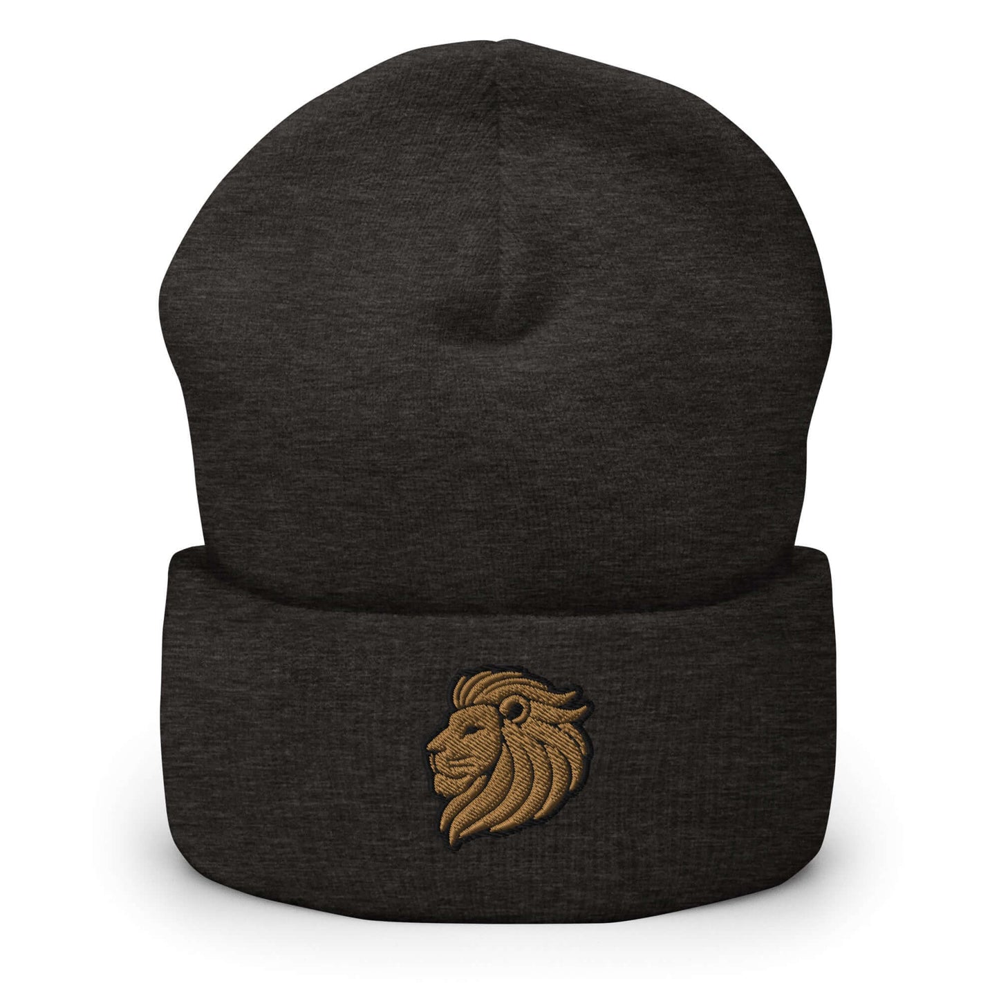 Cuffed Beanie "LION HEAD" Old Gold One Size animal motif,beanie,bold design,courage,iconic,leadership,lion,majesty,motivational,nature,nature-inspired,noble,power,strength,unique design,unisex,warmth,winter wear