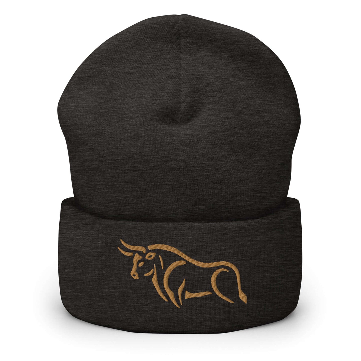 Cuffed Beanie "BULL SPIRIT 2" Old Gold One Size animal motif,beanie,bold design,bull,endurance,iconic,motivational,nature-inspired,power,resilience,spirit,strength,unique design,unisex,warmth,winter wear