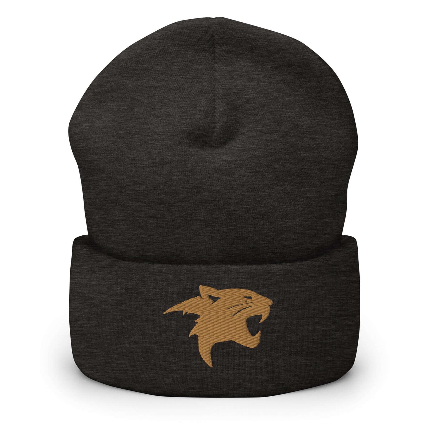 Cuffed Beanie "Panther Head" Old Gold One Size agility,animal motif,beanie,beast mode,bold design,iconic,motivational,nature-inspired,panther,power,stealth,strength,unique design,unisex,warmth,wild,winter wear