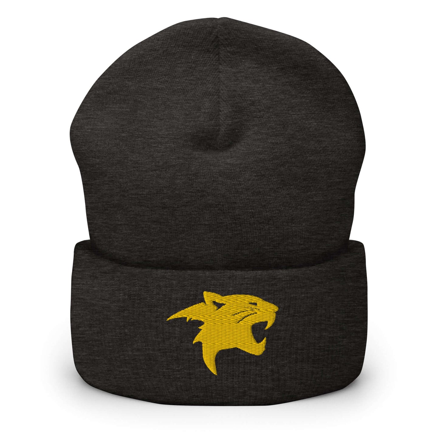 Cuffed Beanie "Panther Head" Gold One Size agility,animal motif,beanie,beast mode,bold design,iconic,motivational,nature-inspired,panther,power,stealth,strength,unique design,unisex,warmth,wild,winter wear