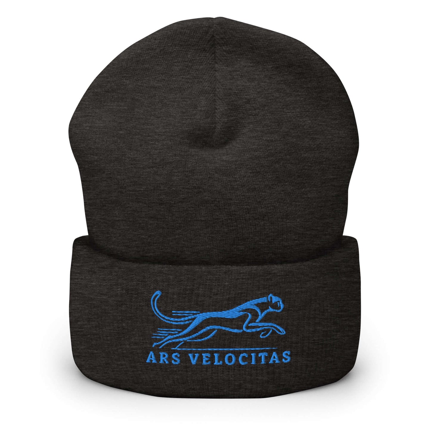 Cuffed Beanie Cheetah "ARS VELOCITAS" Blue One Size agility,animal motif,beanie,bold design,cheetah,endurance,iconic,motivational,nature-inspired,predator,resilience,speed,stealth,strength,unique design,unisex,velocity,warmth,wild,winter wear