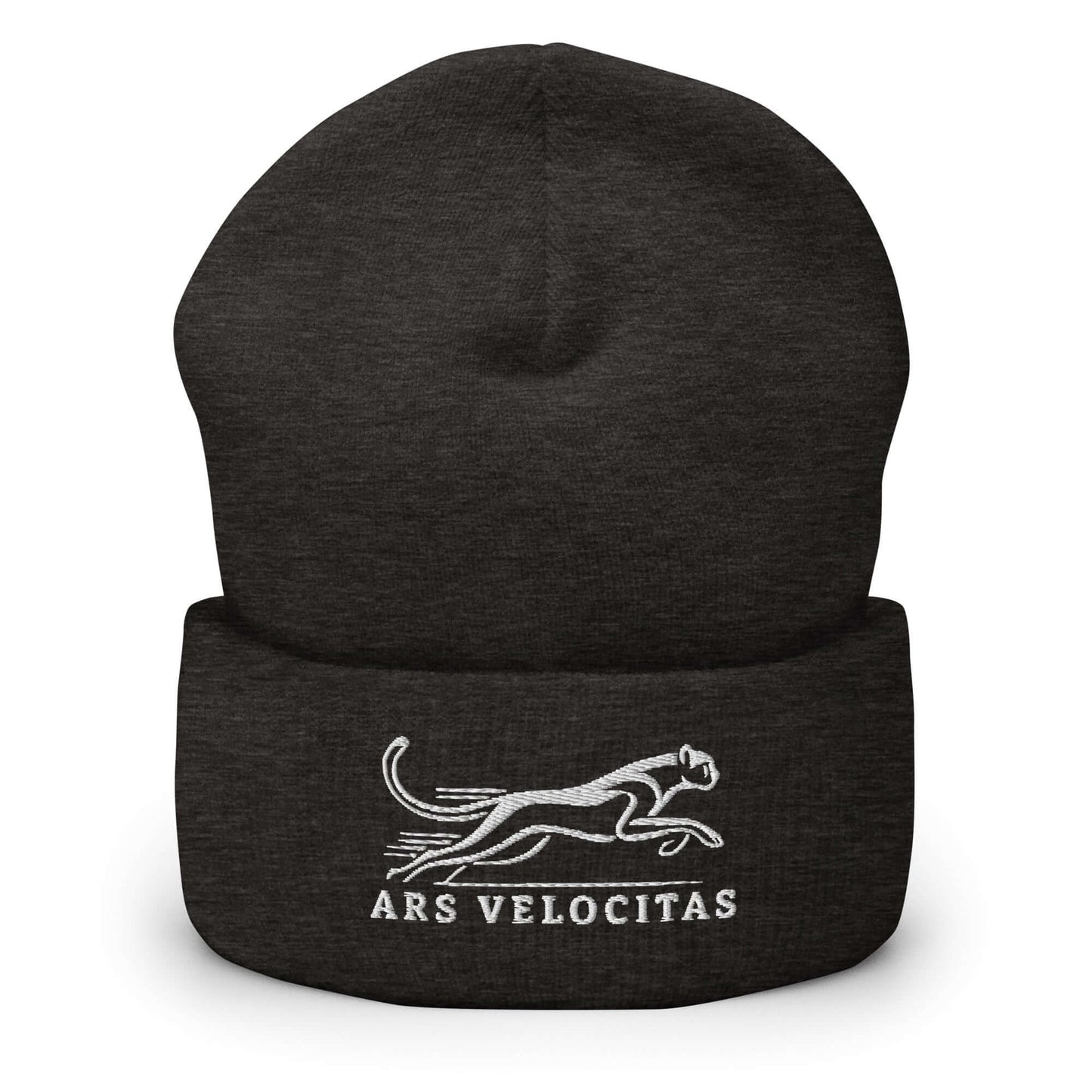 Cuffed Beanie Cheetah "ARS VELOCITAS" White One Size agility,animal motif,beanie,bold design,cheetah,endurance,iconic,motivational,nature-inspired,predator,resilience,speed,stealth,strength,unique design,unisex,velocity,warmth,wild,winter wear