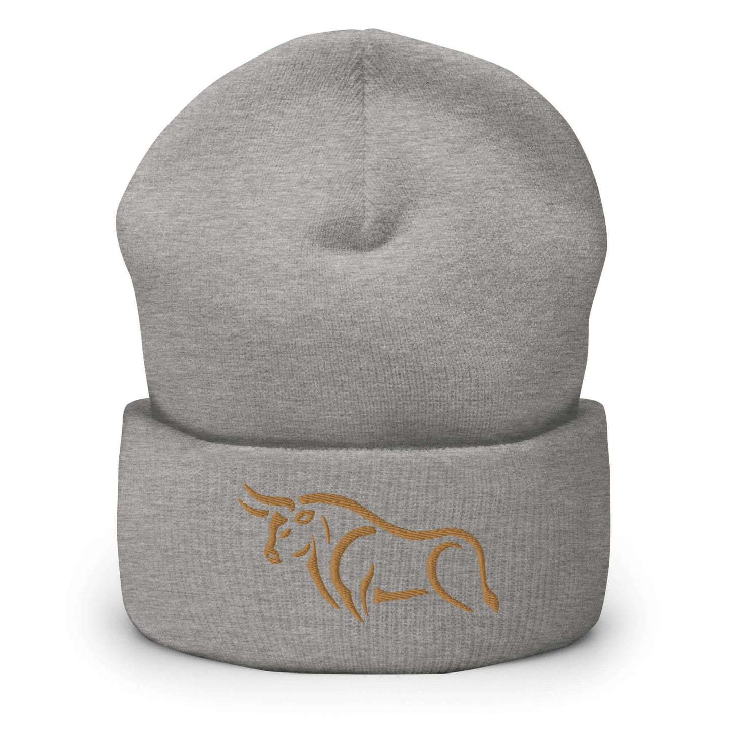 Cuffed Beanie "BULL SPIRIT 2" Old Gold One Size animal motif,beanie,bold design,bull,endurance,iconic,motivational,nature-inspired,power,resilience,spirit,strength,unique design,unisex,warmth,winter wear