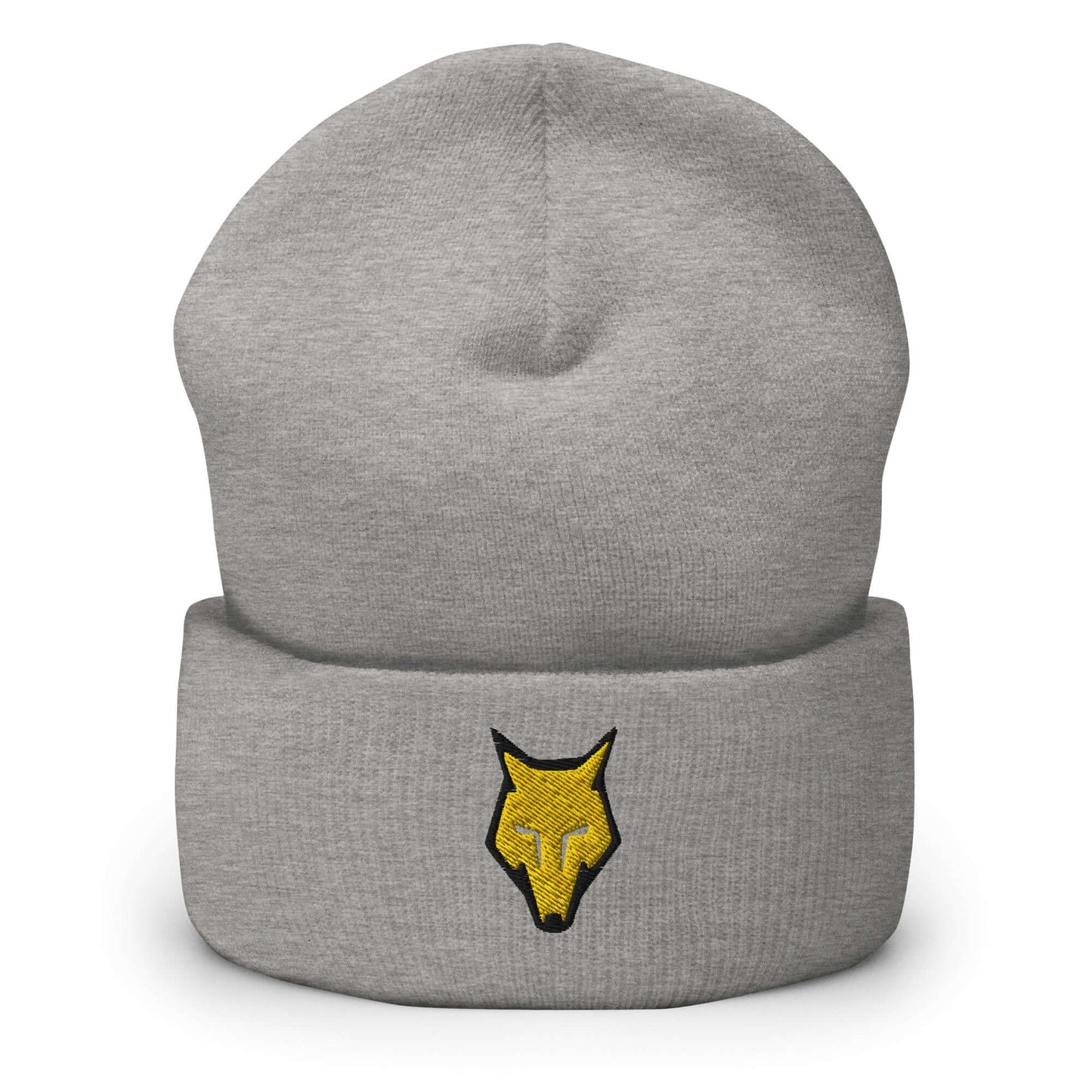 Cuffed Beanie Wolf Logo "LOBO" Gold One Size alpha,animal motif,beanie,bold design,courage,endurance,freedom,iconic,lone wolf,motivational,nature-inspired,predator,resilience,stealth,strength,survival,unique design,unisex,warmth,wild spirit,winter wear,wo