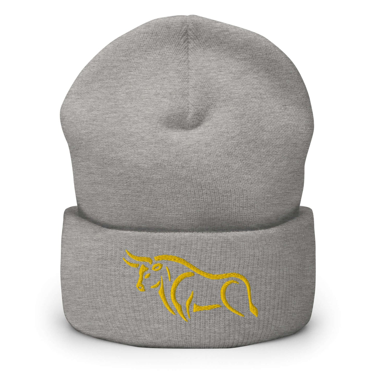 Cuffed Beanie "BULL SPIRIT 2" Gold One Size animal motif,beanie,bold design,bull,endurance,iconic,motivational,nature-inspired,power,resilience,spirit,strength,unique design,unisex,warmth,winter wear