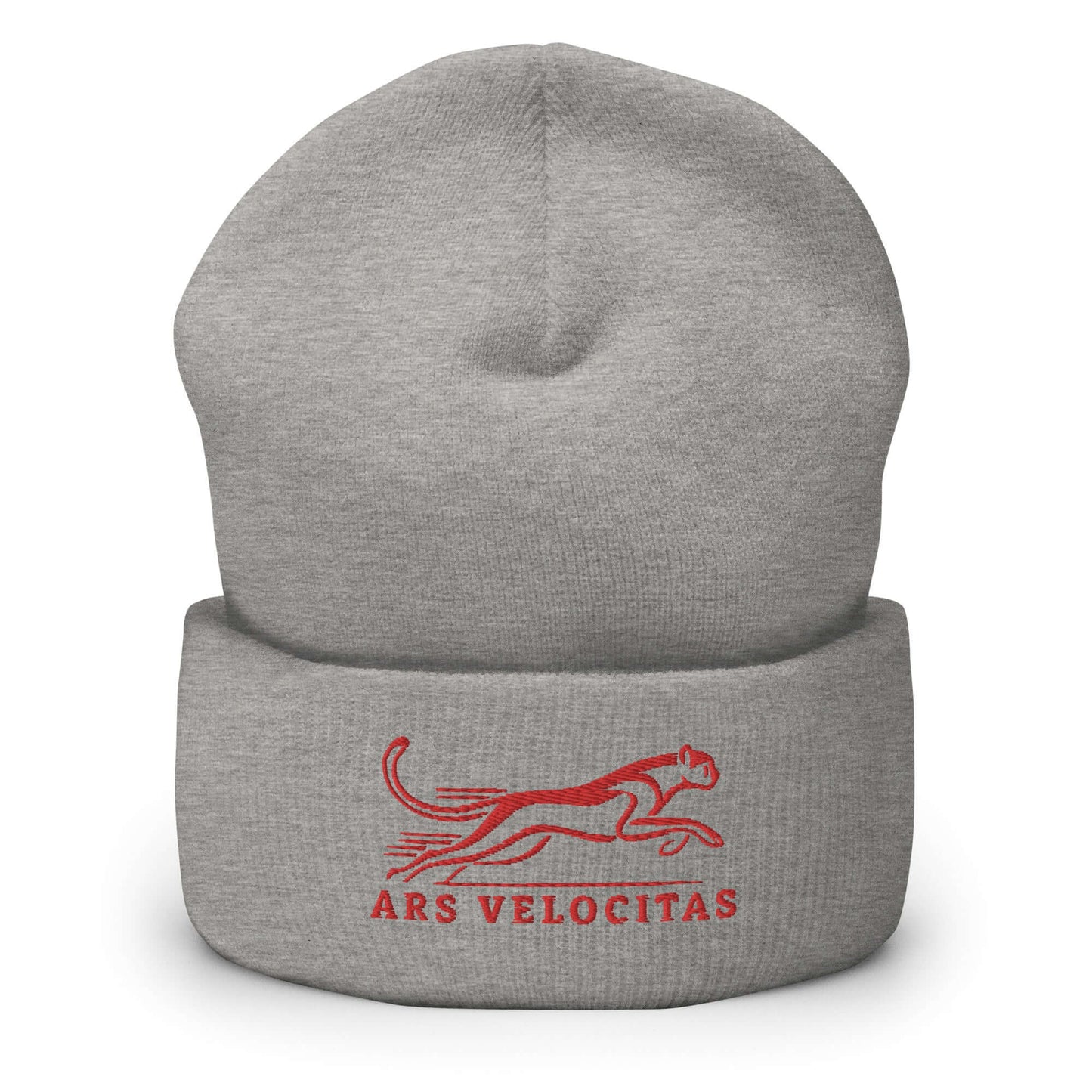 Cuffed Beanie Cheetah "ARS VELOCITAS" Red One Size agility,animal motif,beanie,bold design,cheetah,endurance,iconic,motivational,nature-inspired,predator,resilience,speed,stealth,strength,unique design,unisex,velocity,warmth,wild,winter wear