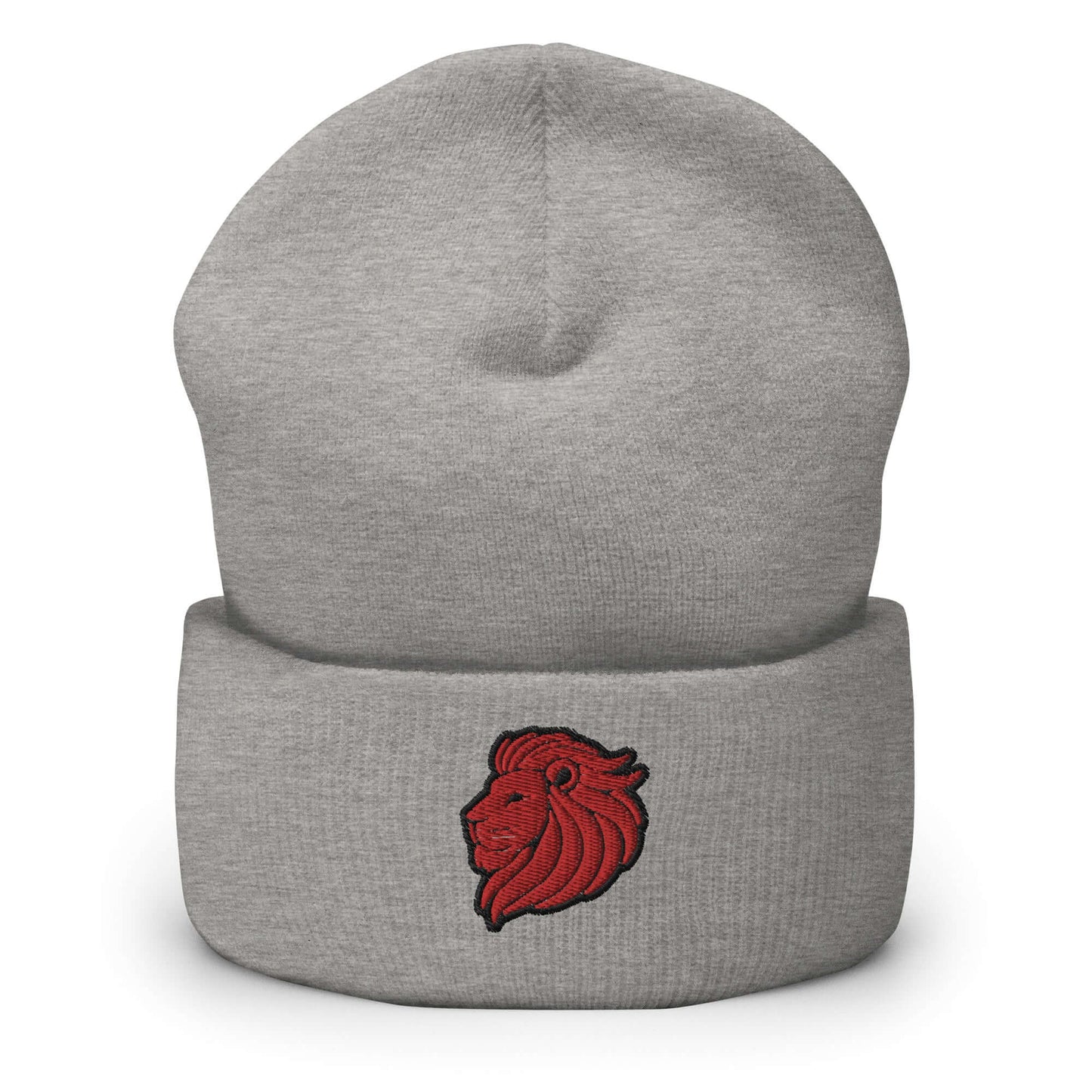 Cuffed Beanie "LION HEAD" Red One Size animal motif,beanie,bold design,courage,iconic,leadership,lion,majesty,motivational,nature,nature-inspired,noble,power,strength,unique design,unisex,warmth,winter wear