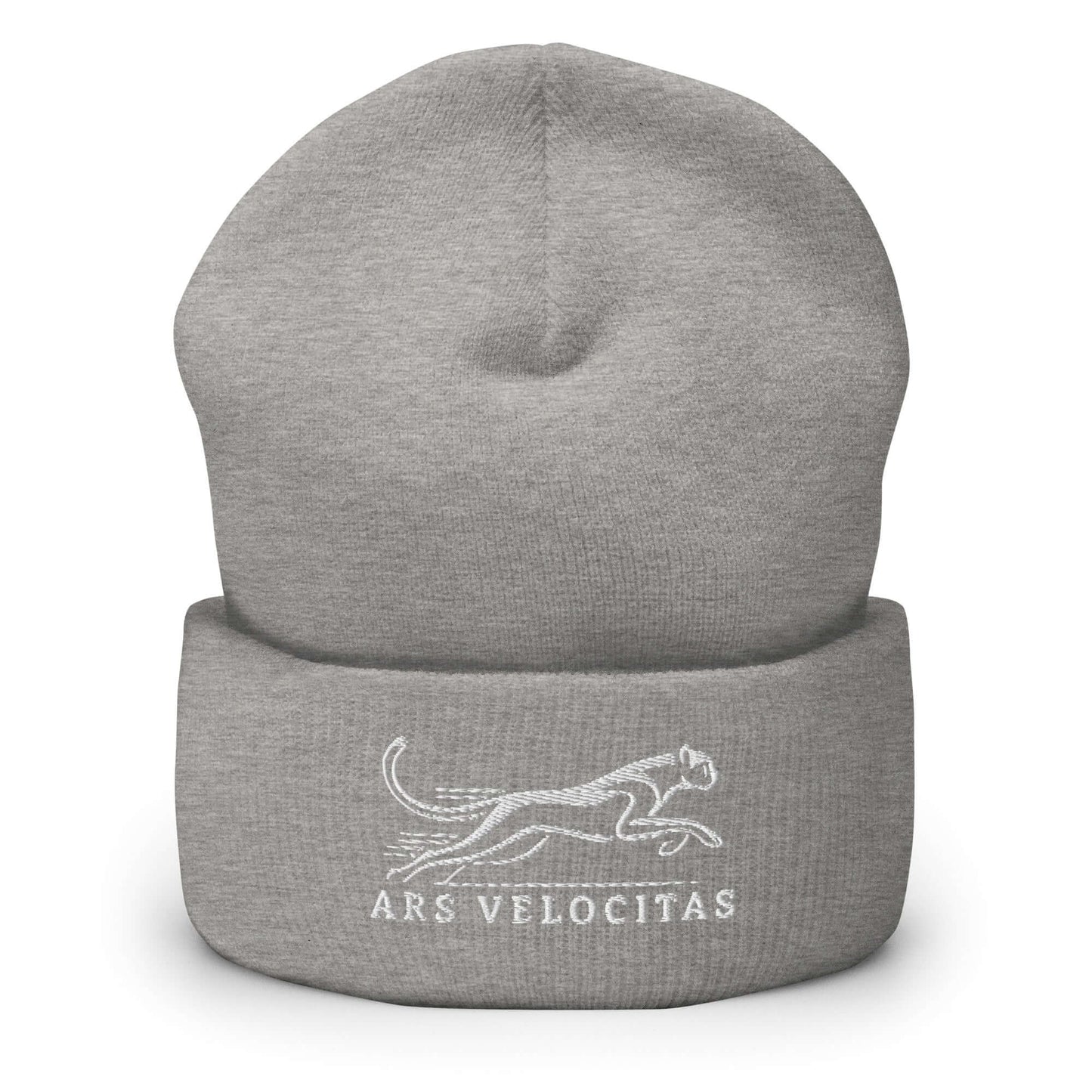 Cuffed Beanie Cheetah "ARS VELOCITAS" White One Size agility,animal motif,beanie,bold design,cheetah,endurance,iconic,motivational,nature-inspired,predator,resilience,speed,stealth,strength,unique design,unisex,velocity,warmth,wild,winter wear