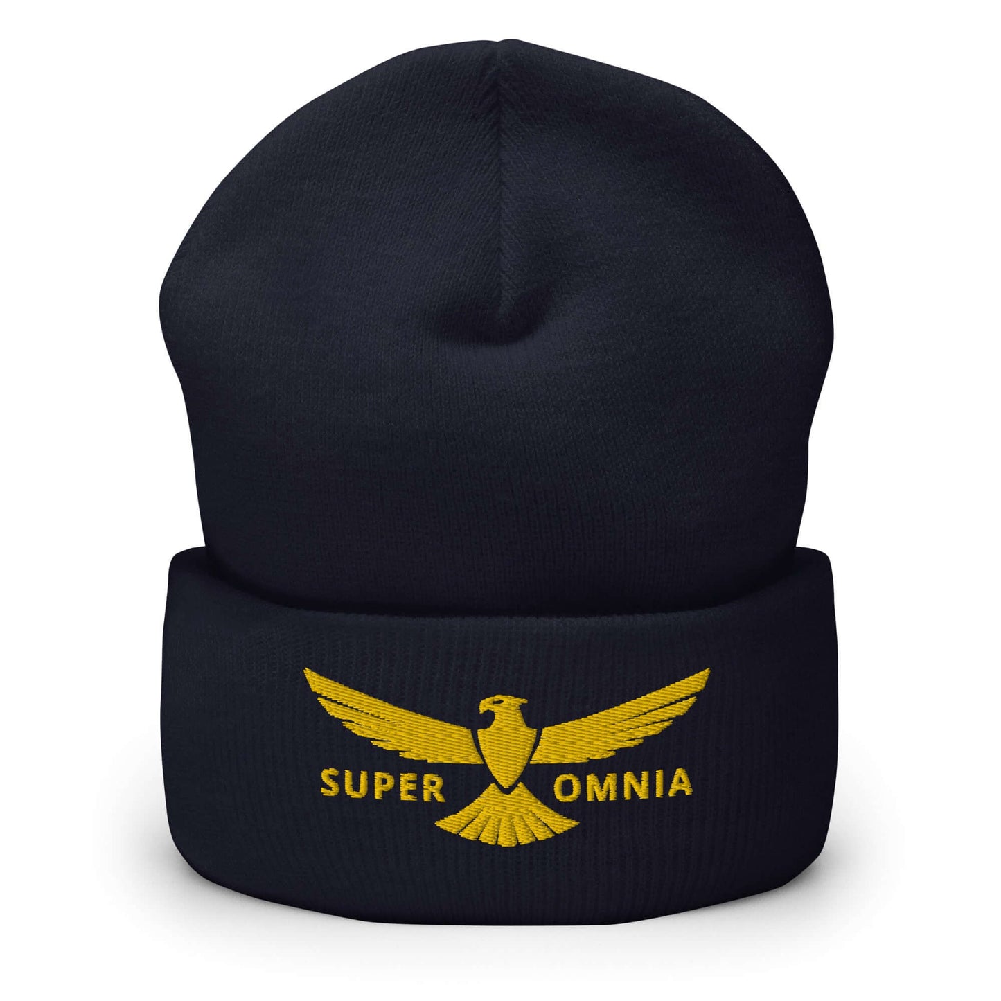 Cuffed Beanie Eagle "SUPER OMNIA" Gold One Size above all,animal motif,beanie,bold design,eagle,focus,freedom,iconic,independence,motivational,nature-inspired,resilience,soar,strength,unique design,unisex,vision,warmth,winter wear