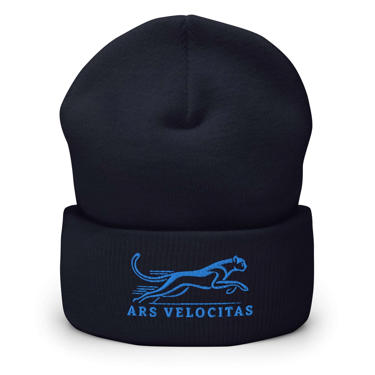 Cuffed Beanie Cheetah "ARS VELOCITAS" Blue One Size agility,animal motif,beanie,bold design,cheetah,endurance,iconic,motivational,nature-inspired,predator,resilience,speed,stealth,strength,unique design,unisex,velocity,warmth,wild,winter wear