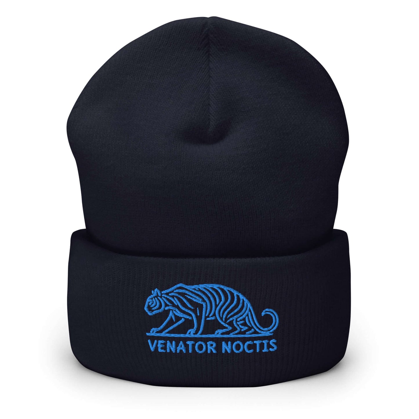 Cuffed Beanie Tiger "VENATOR NOCTIS" Blue One Size agility,animal motif,beanie,bold design,courage,iconic,motivational,nature-inspired,power,predator,strength,tiger,unique design,unisex,untamed,warmth,wild,winter wear