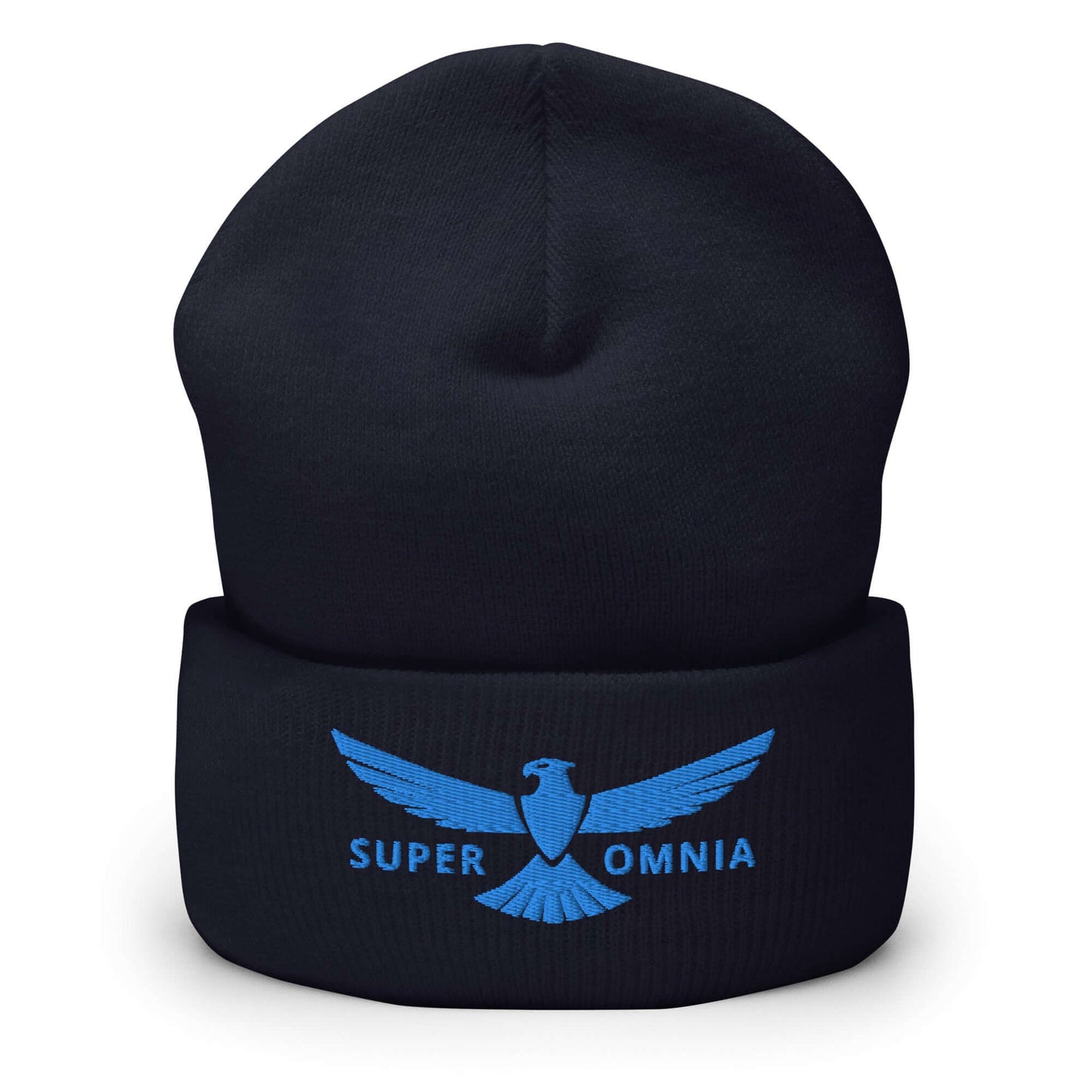 Cuffed Beanie Eagle "SUPER OMNIA" Blue One Size above all,animal motif,beanie,bold design,eagle,focus,freedom,iconic,independence,motivational,nature-inspired,resilience,soar,strength,unique design,unisex,vision,warmth,winter wear