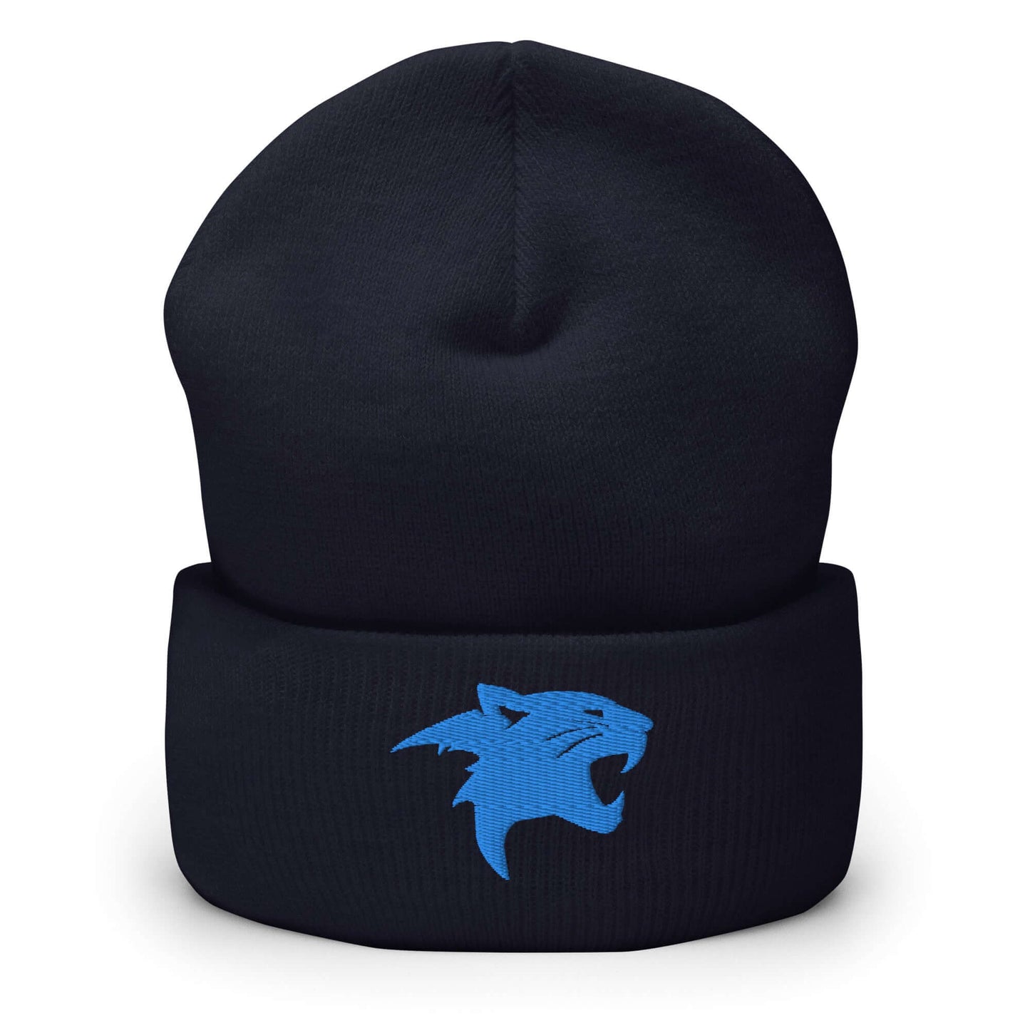 Cuffed Beanie "Panther Head" Blue One Size agility,animal motif,beanie,beast mode,bold design,iconic,motivational,nature-inspired,panther,power,stealth,strength,unique design,unisex,warmth,wild,winter wear