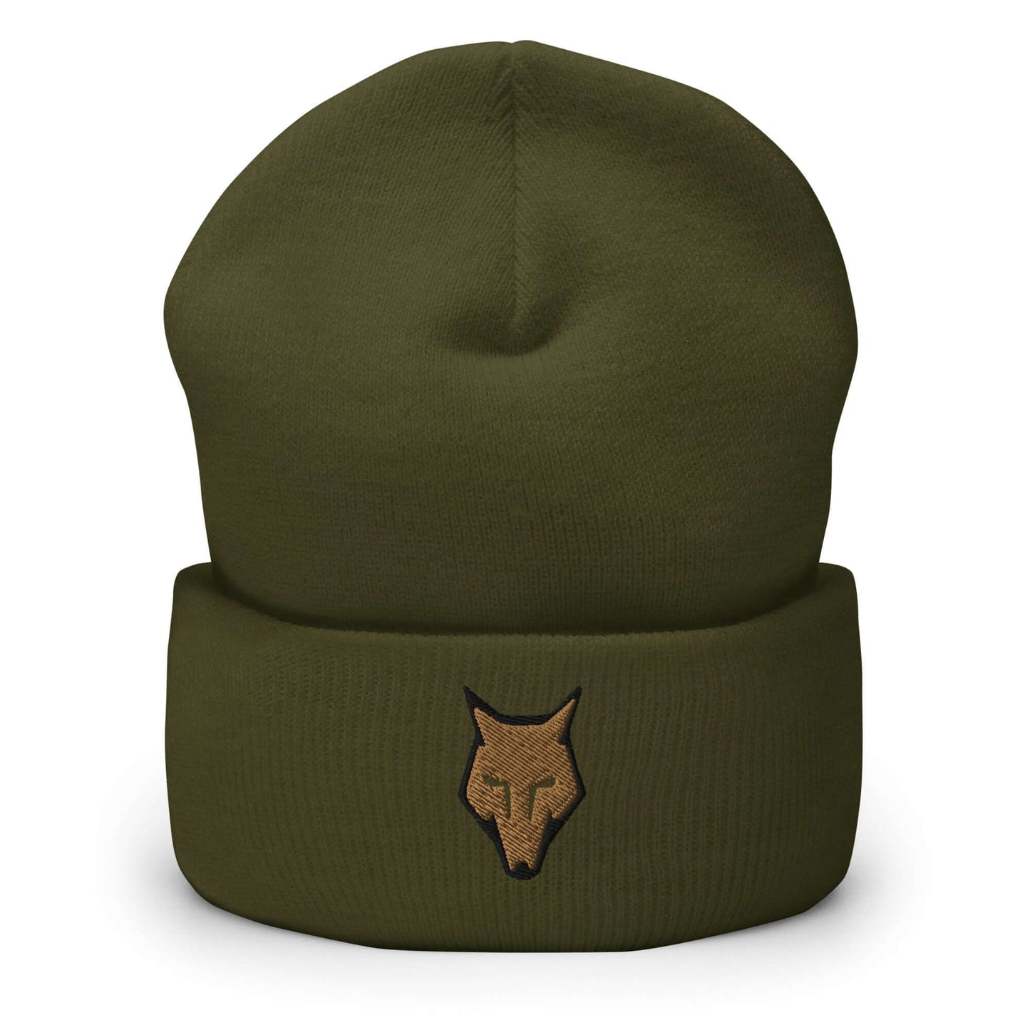 Cuffed Beanie Wolf Logo "LOBO" Old Gold One Size alpha,animal motif,beanie,bold design,courage,endurance,freedom,iconic,lone wolf,motivational,nature-inspired,predator,resilience,stealth,strength,survival,unique design,unisex,warmth,wild spirit,winter wea