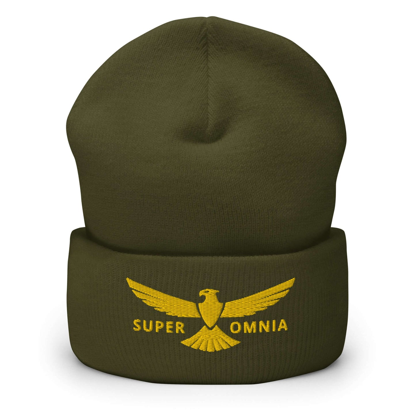 Cuffed Beanie Eagle "SUPER OMNIA" Gold One Size above all,animal motif,beanie,bold design,eagle,focus,freedom,iconic,independence,motivational,nature-inspired,resilience,soar,strength,unique design,unisex,vision,warmth,winter wear