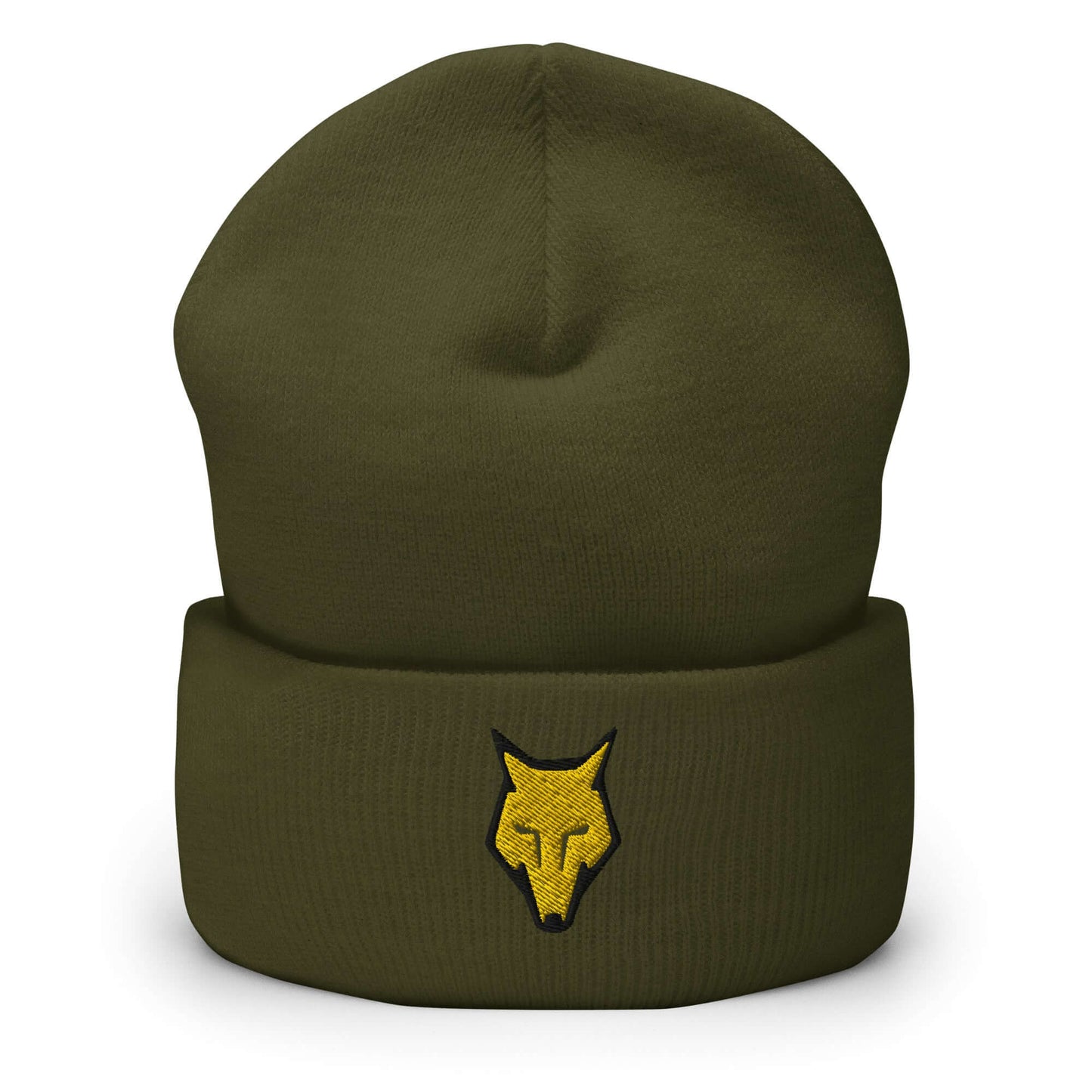 Cuffed Beanie Wolf Logo "LOBO" Gold One Size alpha,animal motif,beanie,bold design,courage,endurance,freedom,iconic,lone wolf,motivational,nature-inspired,predator,resilience,stealth,strength,survival,unique design,unisex,warmth,wild spirit,winter wear,wo