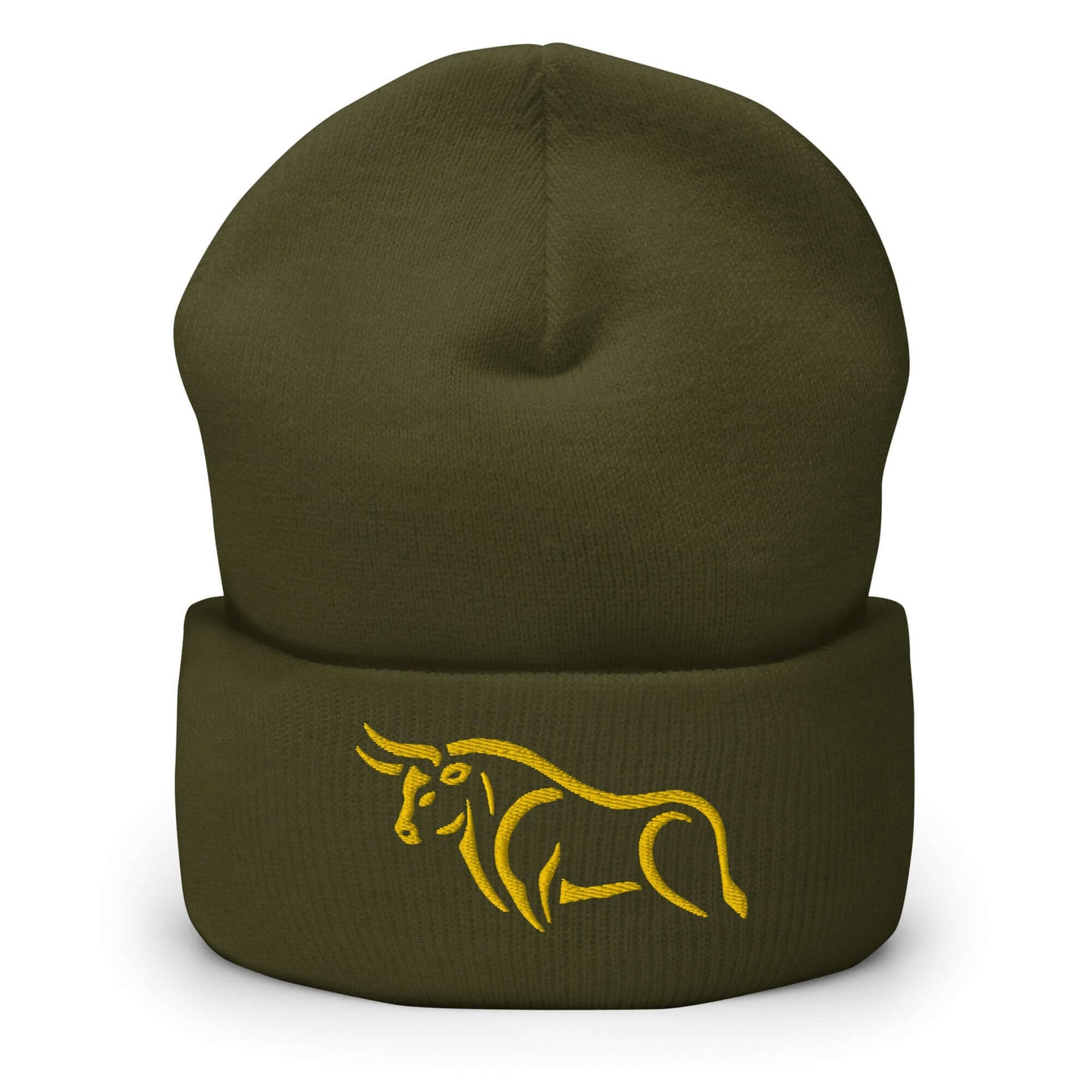 Cuffed Beanie "BULL SPIRIT 2" Gold One Size animal motif,beanie,bold design,bull,endurance,iconic,motivational,nature-inspired,power,resilience,spirit,strength,unique design,unisex,warmth,winter wear