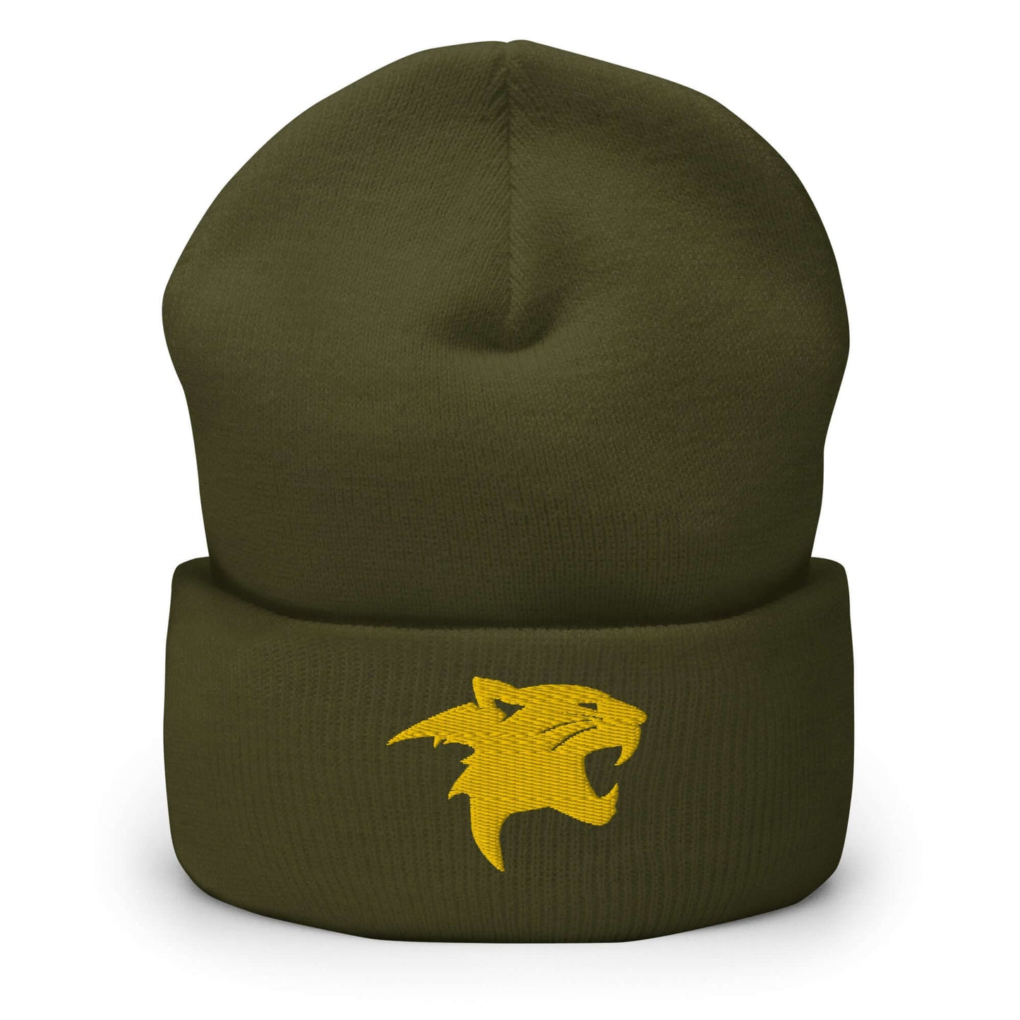 Cuffed Beanie "Panther Head" Gold One Size agility,animal motif,beanie,beast mode,bold design,iconic,motivational,nature-inspired,panther,power,stealth,strength,unique design,unisex,warmth,wild,winter wear