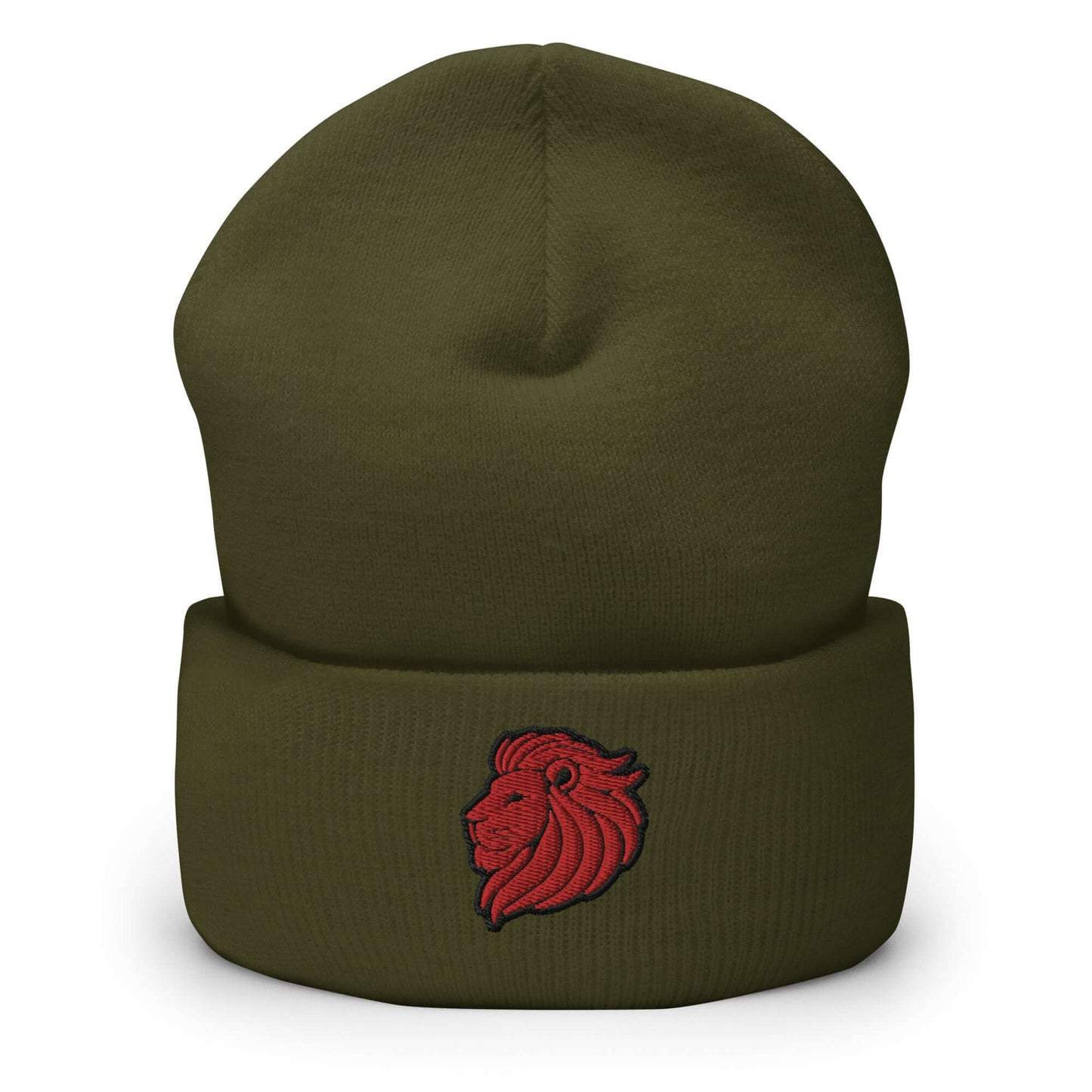 Cuffed Beanie "LION HEAD" Red One Size animal motif,beanie,bold design,courage,iconic,leadership,lion,majesty,motivational,nature,nature-inspired,noble,power,strength,unique design,unisex,warmth,winter wear