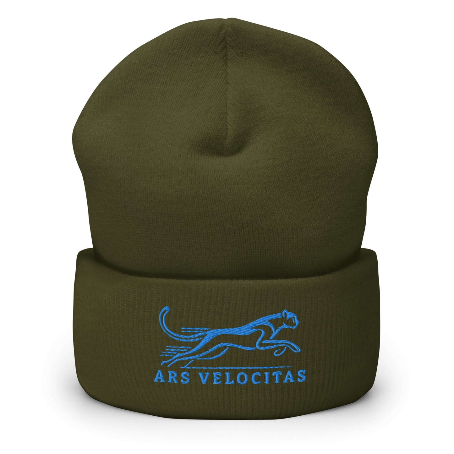 Cuffed Beanie Cheetah "ARS VELOCITAS" Blue One Size agility,animal motif,beanie,bold design,cheetah,endurance,iconic,motivational,nature-inspired,predator,resilience,speed,stealth,strength,unique design,unisex,velocity,warmth,wild,winter wear