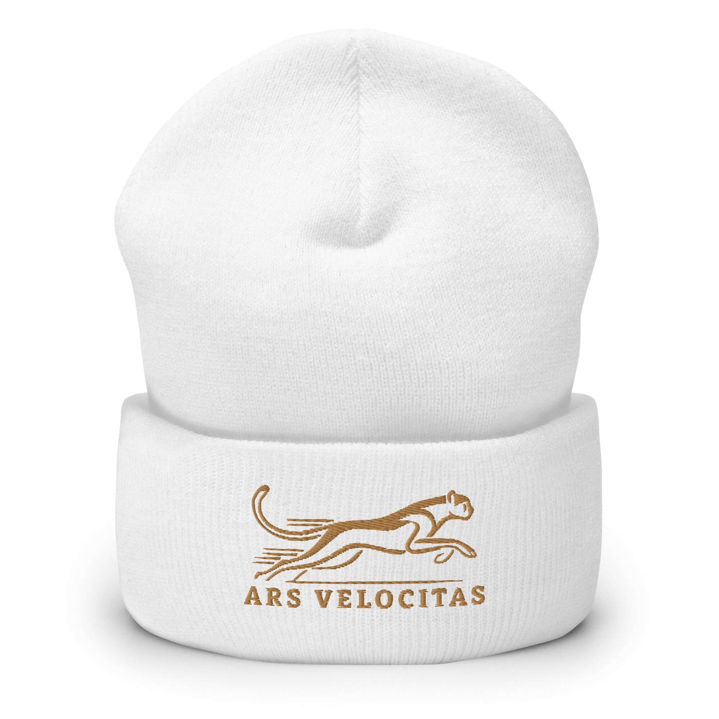 Cuffed Beanie Cheetah "ARS VELOCITAS" Old Gold One Size agility,animal motif,beanie,bold design,cheetah,endurance,iconic,motivational,nature-inspired,predator,resilience,speed,stealth,strength,unique design,unisex,velocity,warmth,wild,winter wear