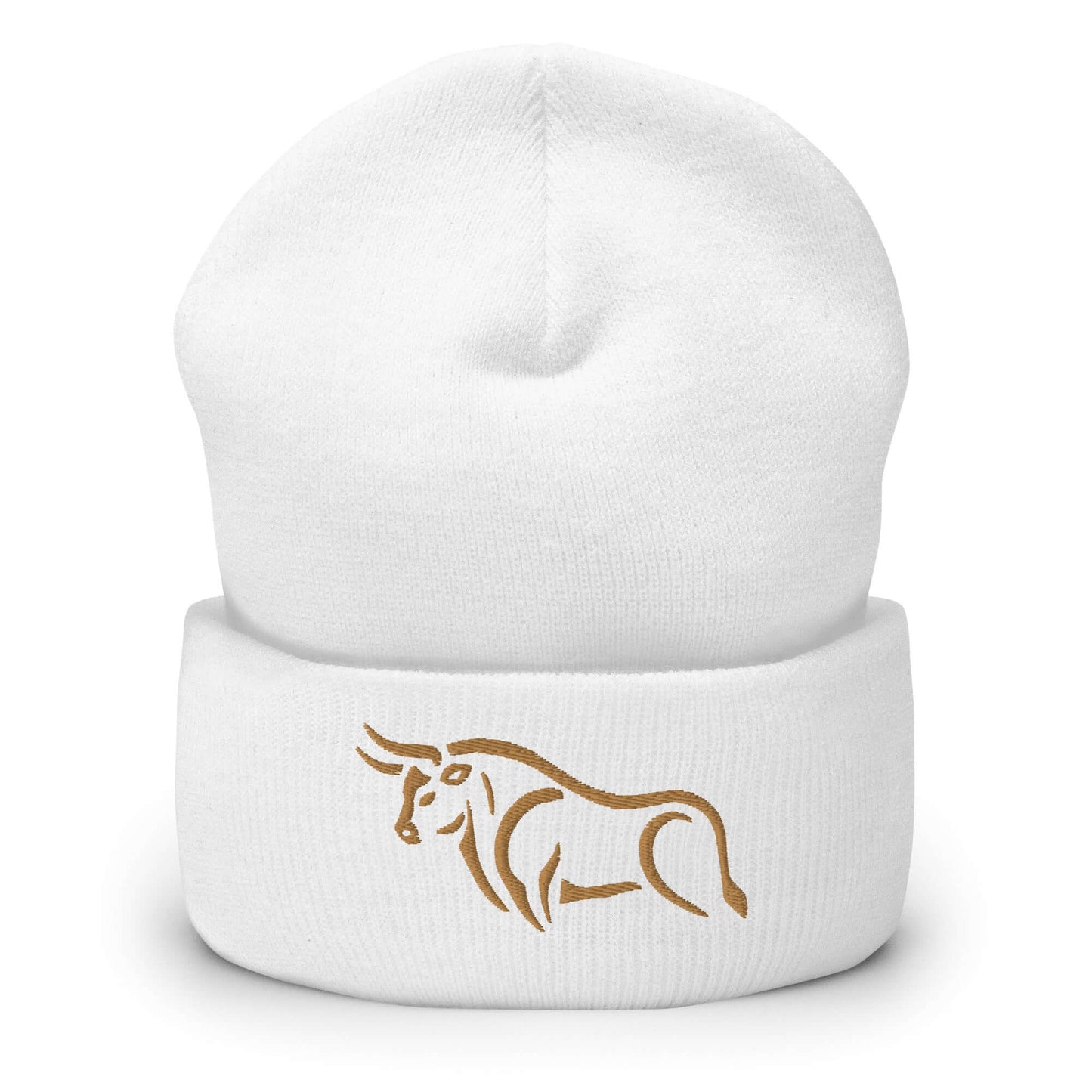 Cuffed Beanie "BULL SPIRIT 2" Old Gold One Size animal motif,beanie,bold design,bull,endurance,iconic,motivational,nature-inspired,power,resilience,spirit,strength,unique design,unisex,warmth,winter wear