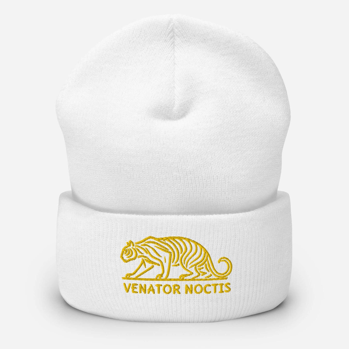 Cuffed Beanie Tiger "VENATOR NOCTIS" Gold One Size agility,animal motif,beanie,bold design,courage,iconic,motivational,nature-inspired,power,predator,strength,tiger,unique design,unisex,untamed,warmth,wild,winter wear