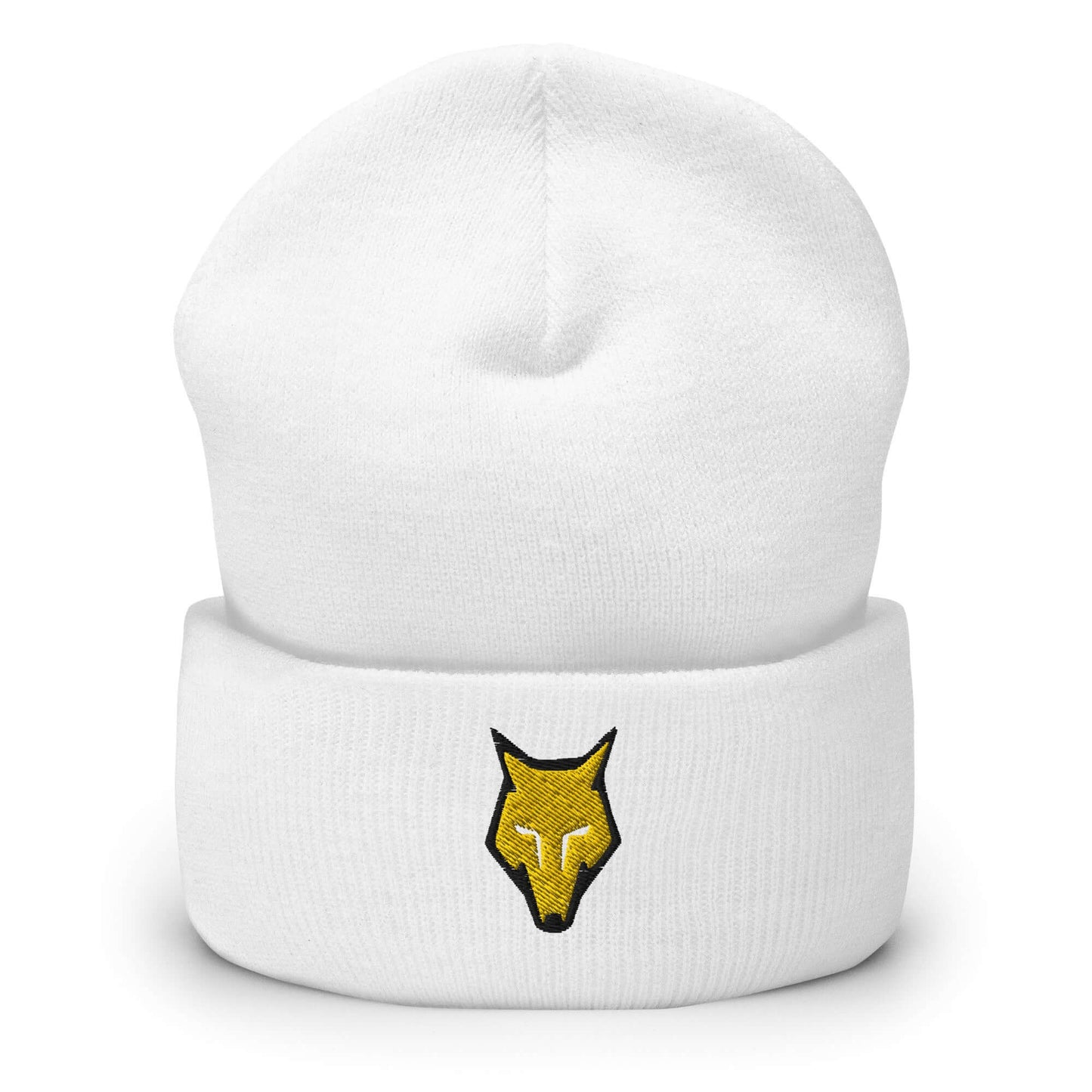 Cuffed Beanie Wolf Logo "LOBO" Gold One Size alpha,animal motif,beanie,bold design,courage,endurance,freedom,iconic,lone wolf,motivational,nature-inspired,predator,resilience,stealth,strength,survival,unique design,unisex,warmth,wild spirit,winter wear,wo