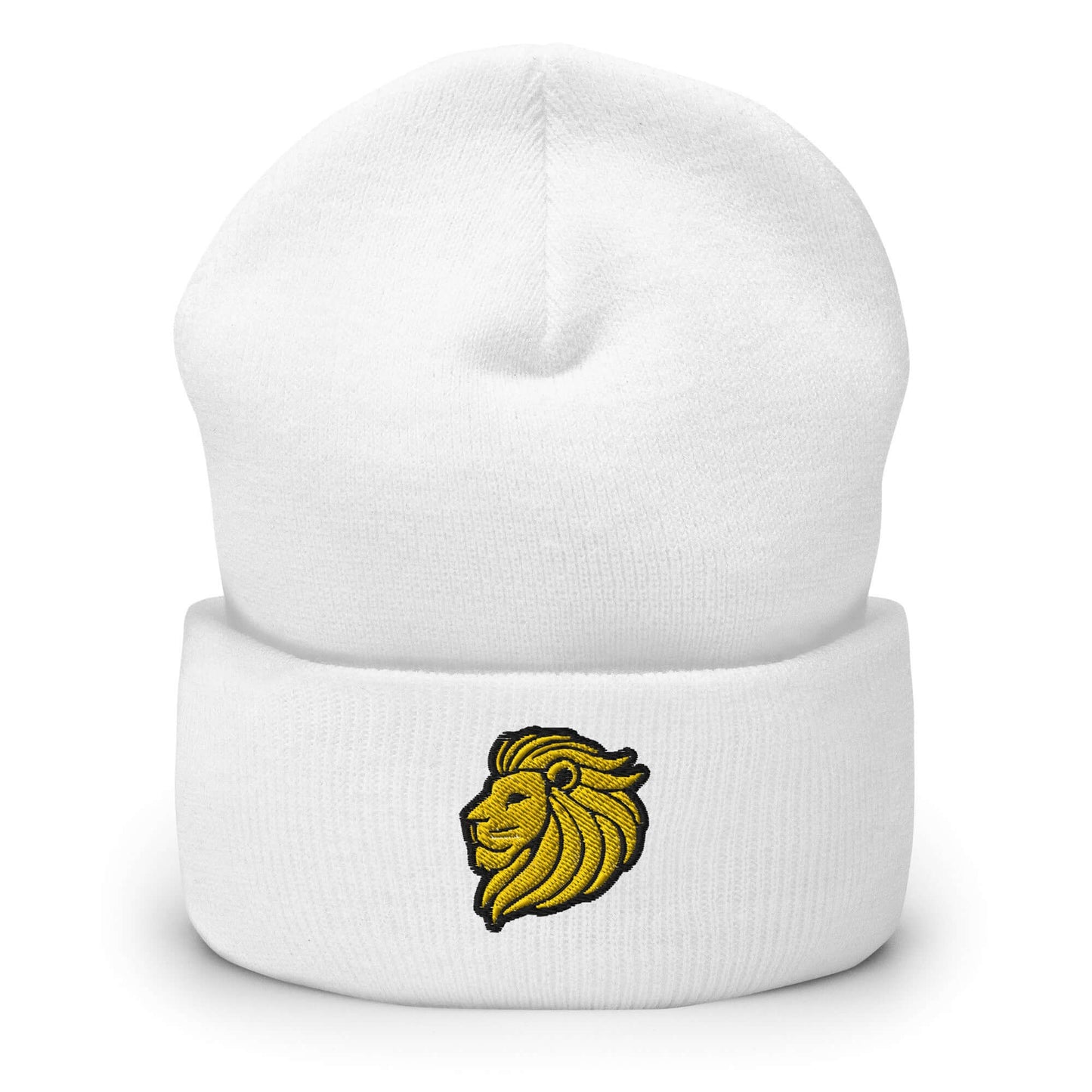 Cuffed Beanie "LION HEAD" Gold One Size animal motif,beanie,bold design,courage,iconic,leadership,lion,majesty,motivational,nature,nature-inspired,noble,power,strength,unique design,unisex,warmth,winter wear