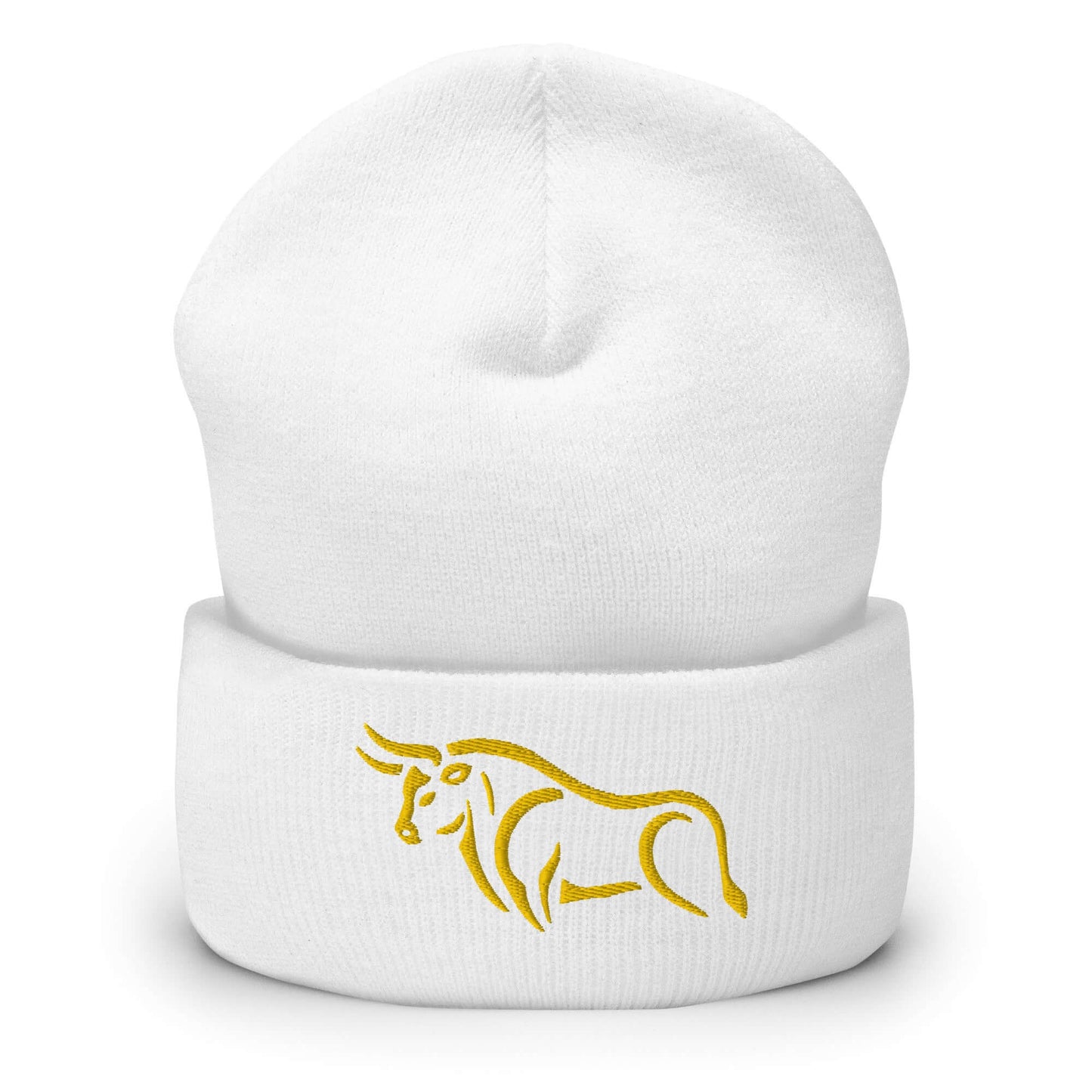 Cuffed Beanie "BULL SPIRIT 2" Gold One Size animal motif,beanie,bold design,bull,endurance,iconic,motivational,nature-inspired,power,resilience,spirit,strength,unique design,unisex,warmth,winter wear