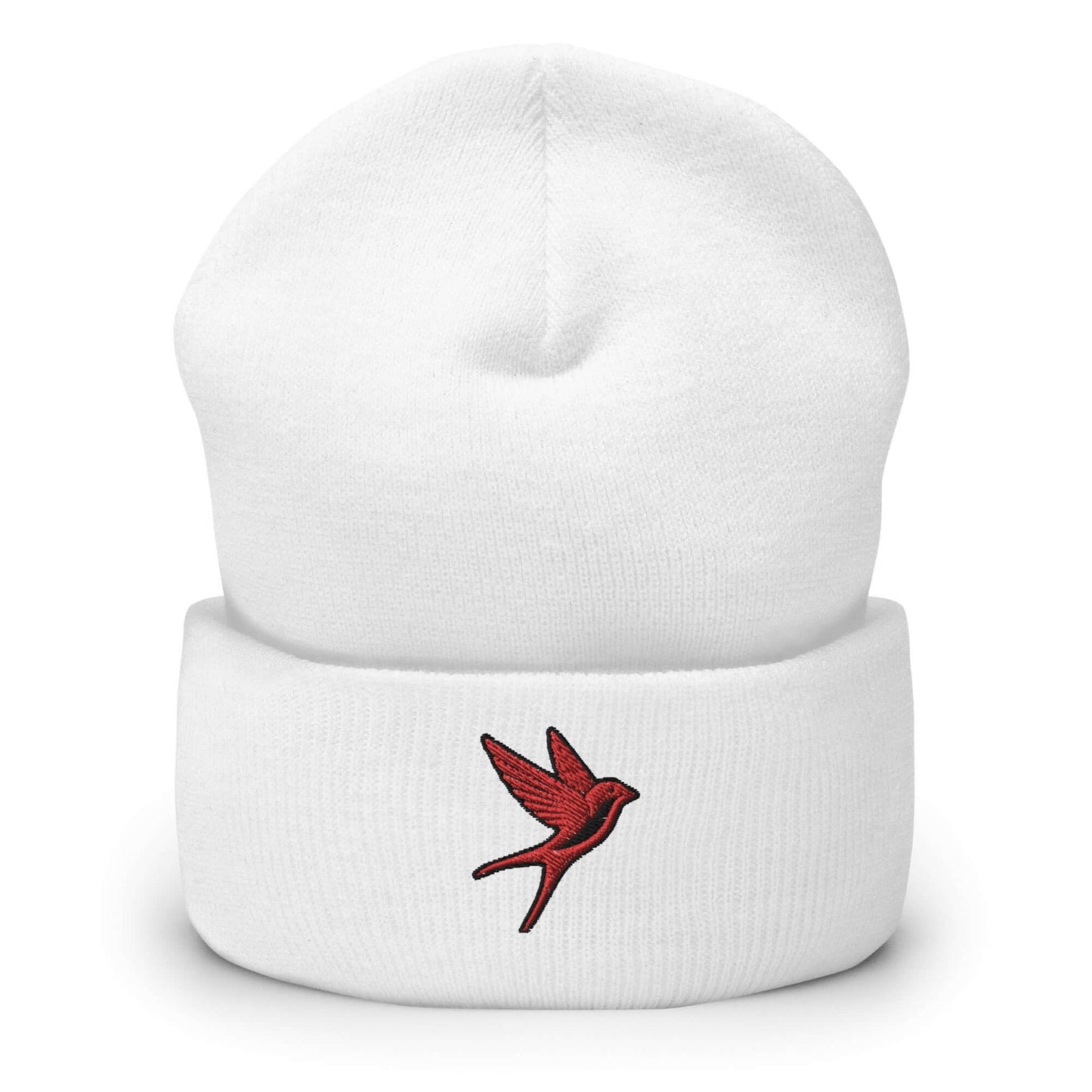 Cuffed Beanie "SWALLOW" Red One Size animal motif,beanie,bold design,elegance,endurance,flight,freedom,iconic,journey,motivational,nature-inspired,resilience,spirit animal,swallow,transformation,unique design,unisex,warmth,winter wear