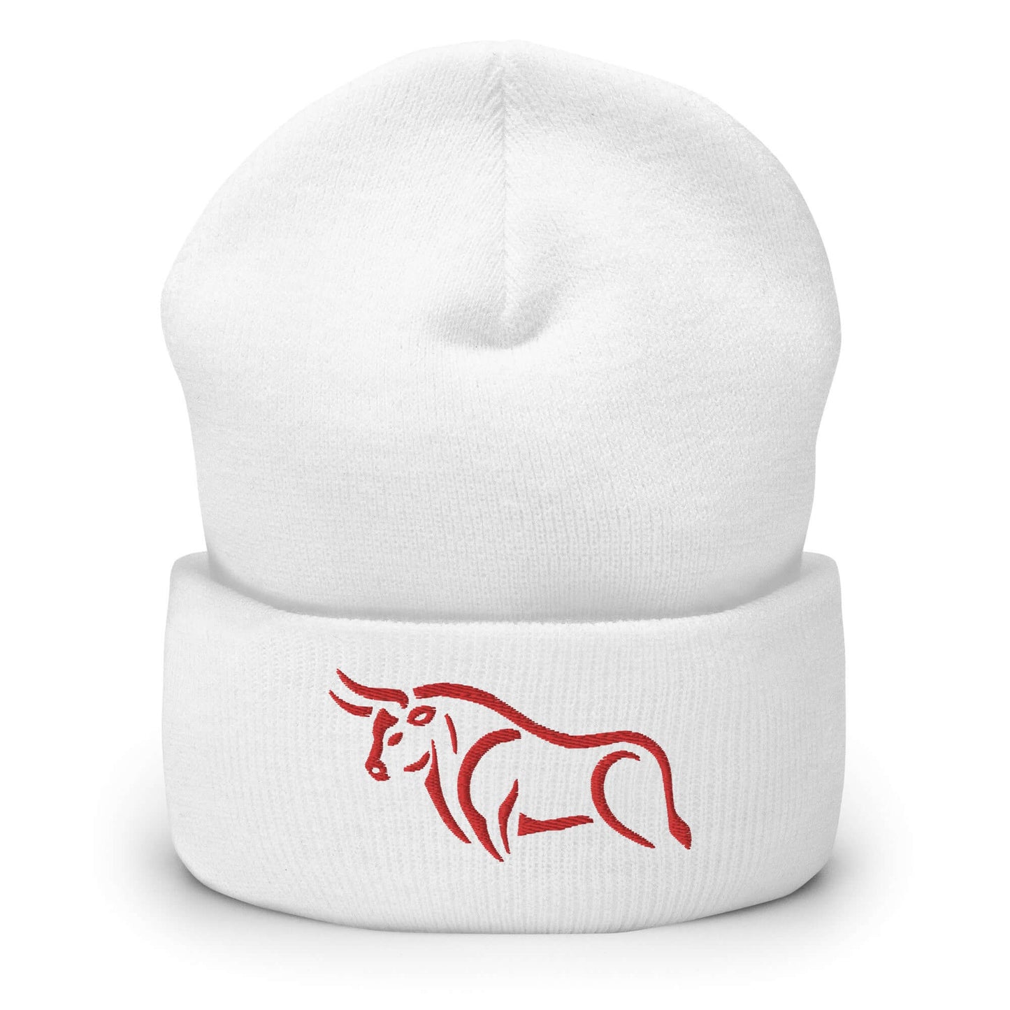 Cuffed Beanie "BULL SPIRIT 2" Red One Size animal motif,beanie,bold design,bull,endurance,iconic,motivational,nature-inspired,power,resilience,spirit,strength,unique design,unisex,warmth,winter wear