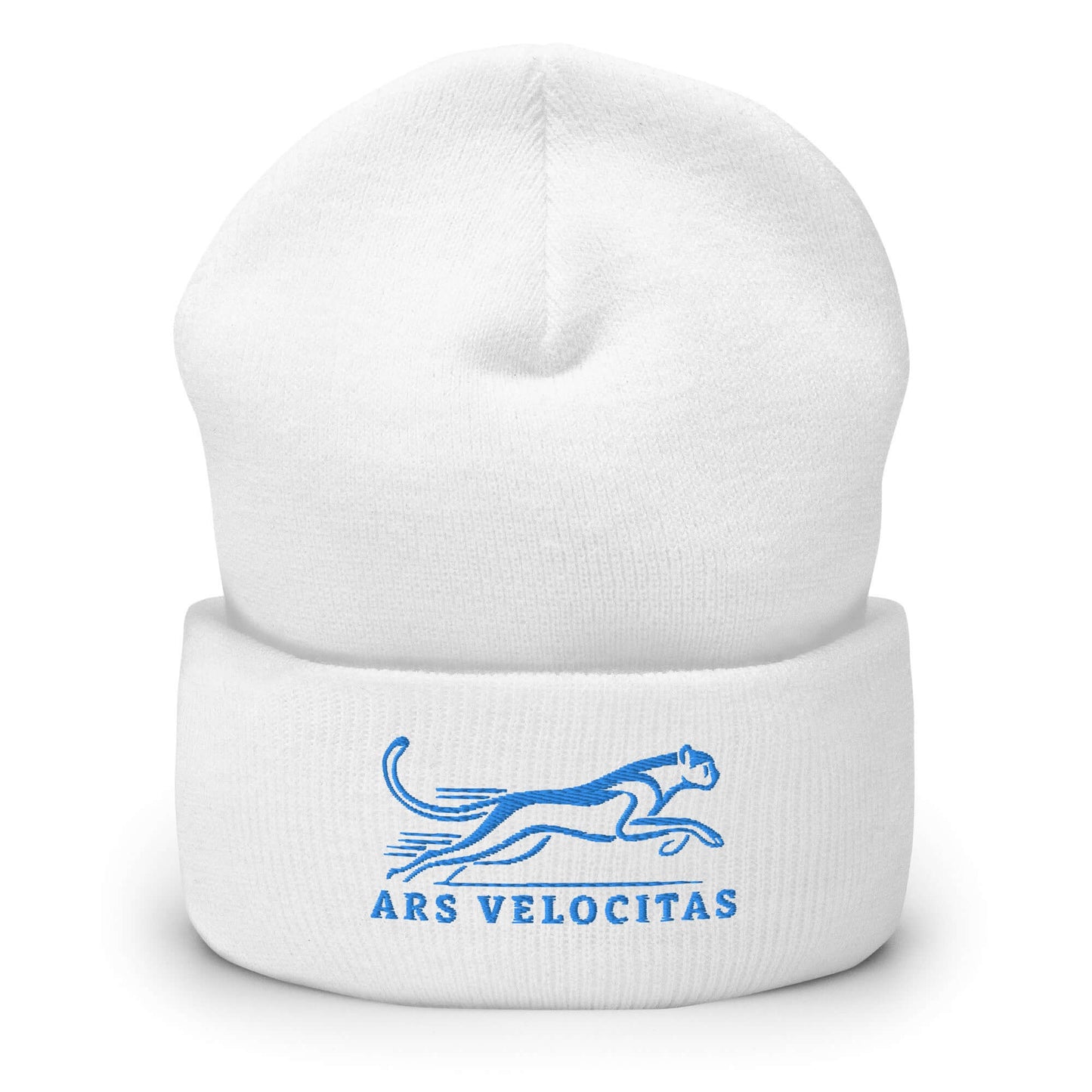 Cuffed Beanie Cheetah "ARS VELOCITAS" Blue One Size agility,animal motif,beanie,bold design,cheetah,endurance,iconic,motivational,nature-inspired,predator,resilience,speed,stealth,strength,unique design,unisex,velocity,warmth,wild,winter wear