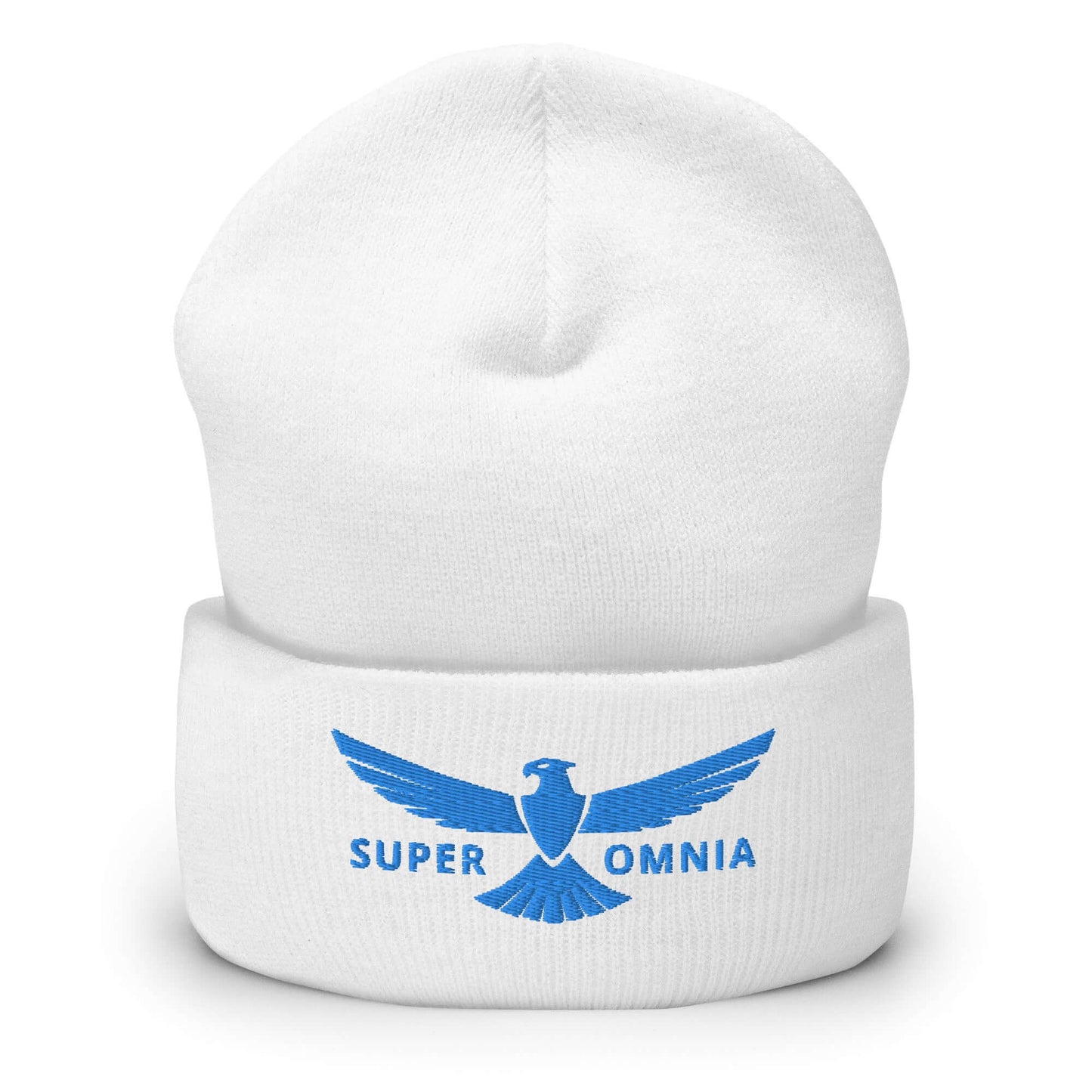 Cuffed Beanie Eagle "SUPER OMNIA" Blue One Size above all,animal motif,beanie,bold design,eagle,focus,freedom,iconic,independence,motivational,nature-inspired,resilience,soar,strength,unique design,unisex,vision,warmth,winter wear