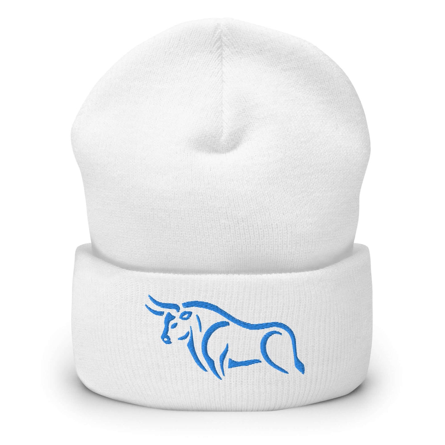 Cuffed Beanie "BULL SPIRIT 2" Blue One Size animal motif,beanie,bold design,bull,endurance,iconic,motivational,nature-inspired,power,resilience,spirit,strength,unique design,unisex,warmth,winter wear