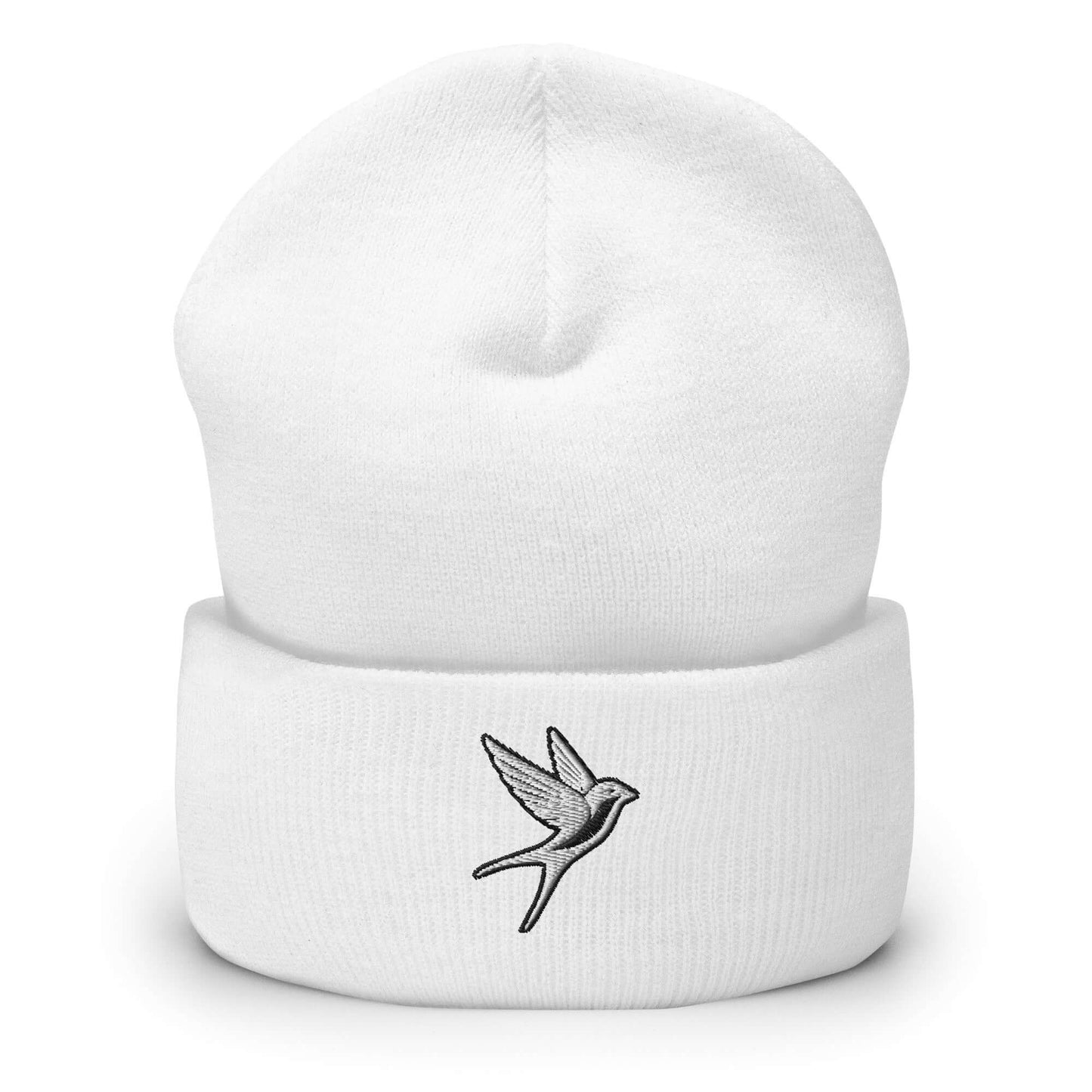 Cuffed Beanie "SWALLOW" White One Size animal motif,beanie,bold design,elegance,endurance,flight,freedom,iconic,journey,motivational,nature-inspired,resilience,spirit animal,swallow,transformation,unique design,unisex,warmth,winter wear