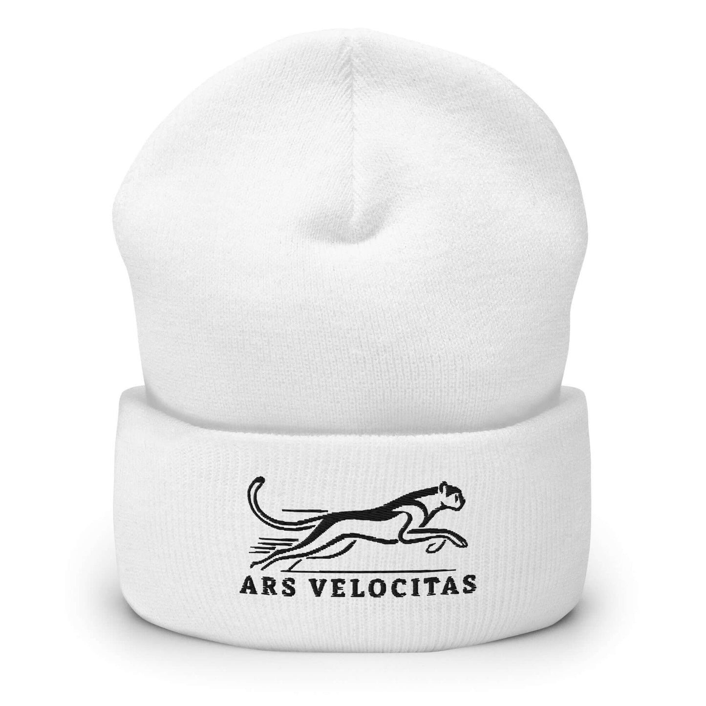 Cuffed Beanie Cheetah "ARS VELOCITAS" Black One Size agility,animal motif,beanie,bold design,cheetah,endurance,iconic,motivational,nature-inspired,predator,resilience,speed,stealth,strength,unique design,unisex,velocity,warmth,wild,winter wear