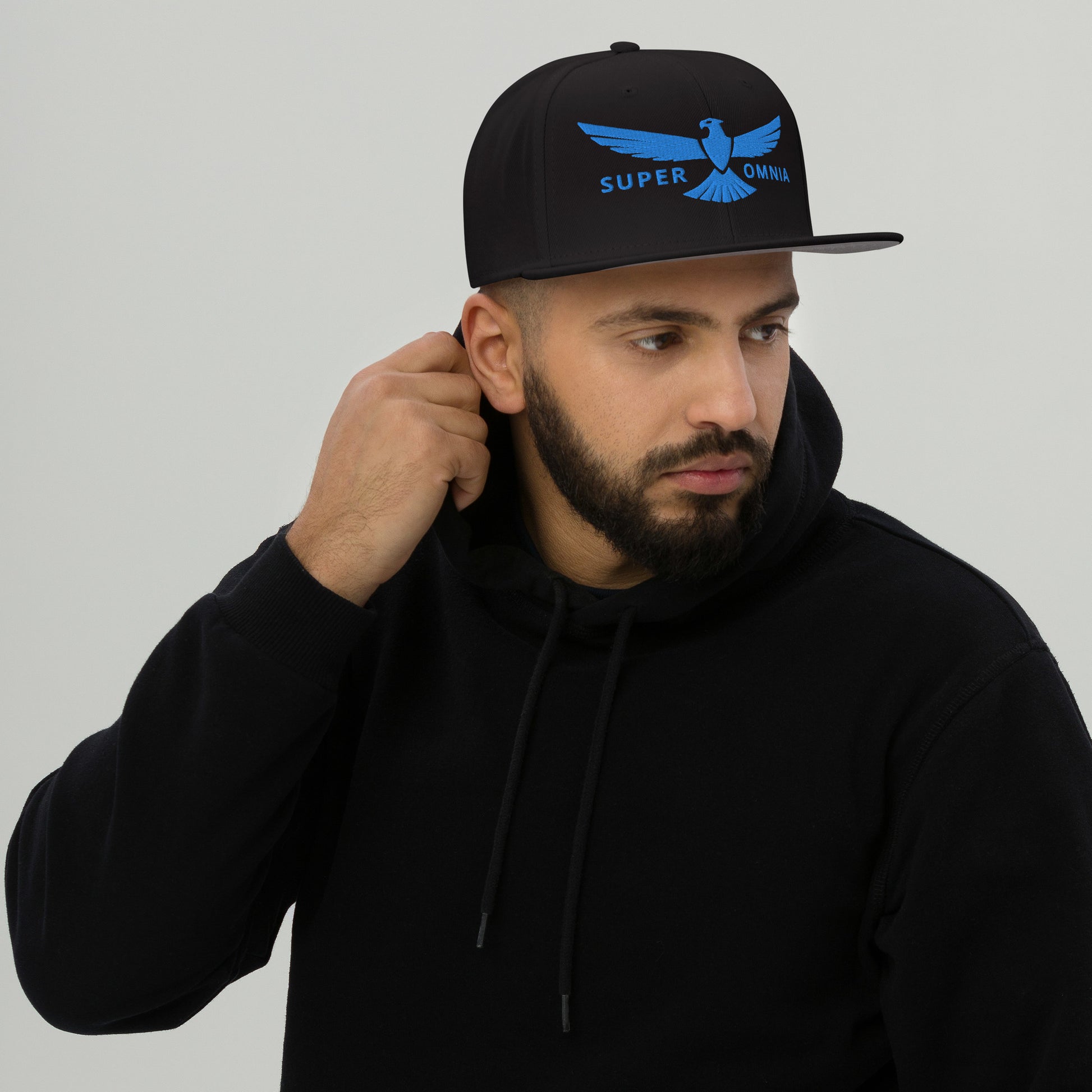 Snapback Hat Eagle "SUPER OMNIA" Blue One Size above all,adjustable,animal motif,bold design,eagle,focus,freedom,iconic,independence,premium quality,resilience,snapback hat,soar,statement piece,street style,strength,unique design,unisex,vision