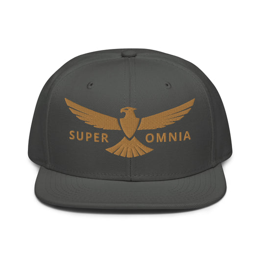 Snapback Hat Eagle "SUPER OMNIA" Old Gold One Size above all,adjustable,animal motif,bold design,eagle,focus,freedom,iconic,independence,premium quality,resilience,snapback hat,soar,statement piece,street style,strength,unique design,unisex,vision