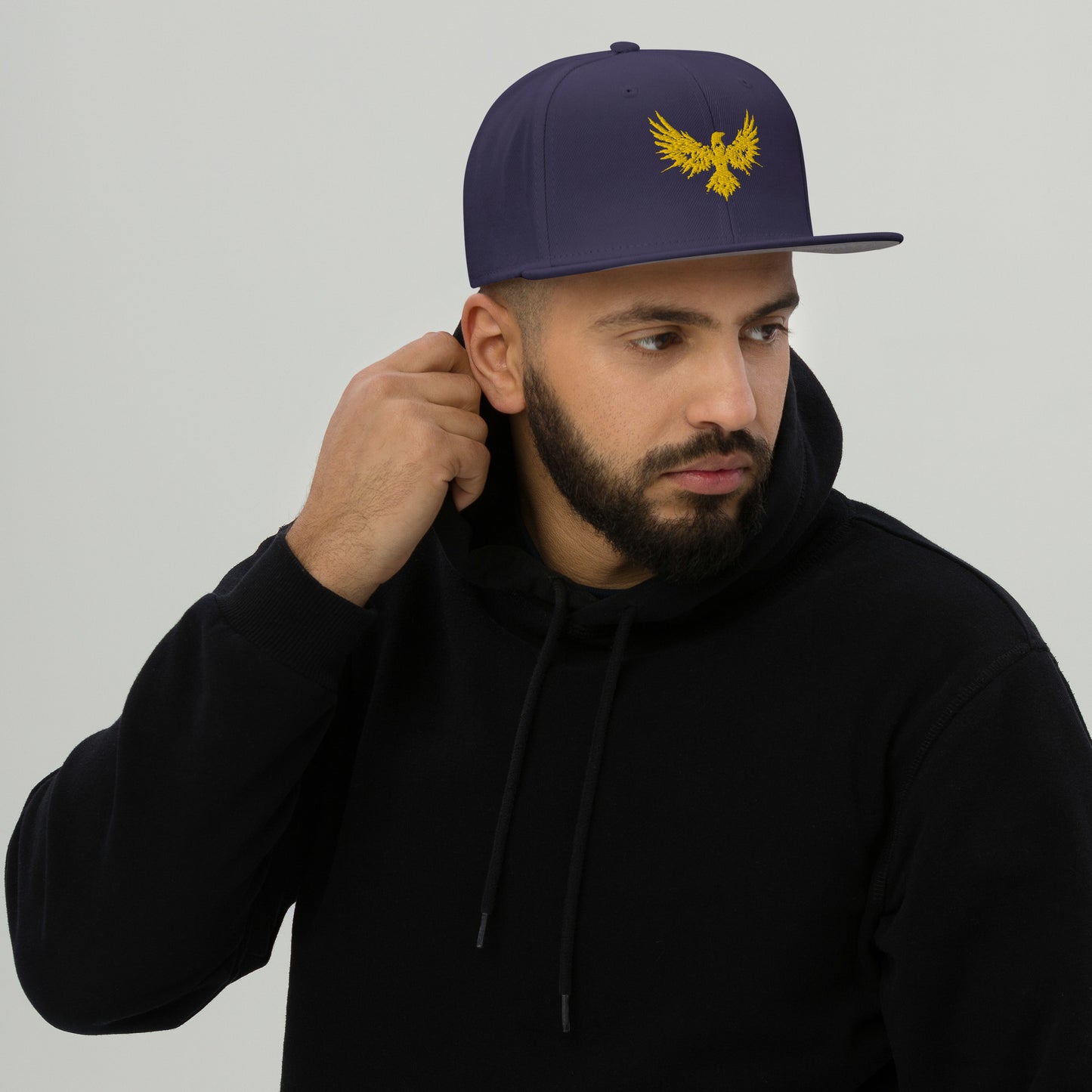 Snapback Hat Raven "ENIGMA" Gold One Size adjustable,animal motif,bold design,endurance,enigma,freedom,iconic,mystery,premium quality,raven,snapback hat,statement piece,street style,transformation,unique design,unisex