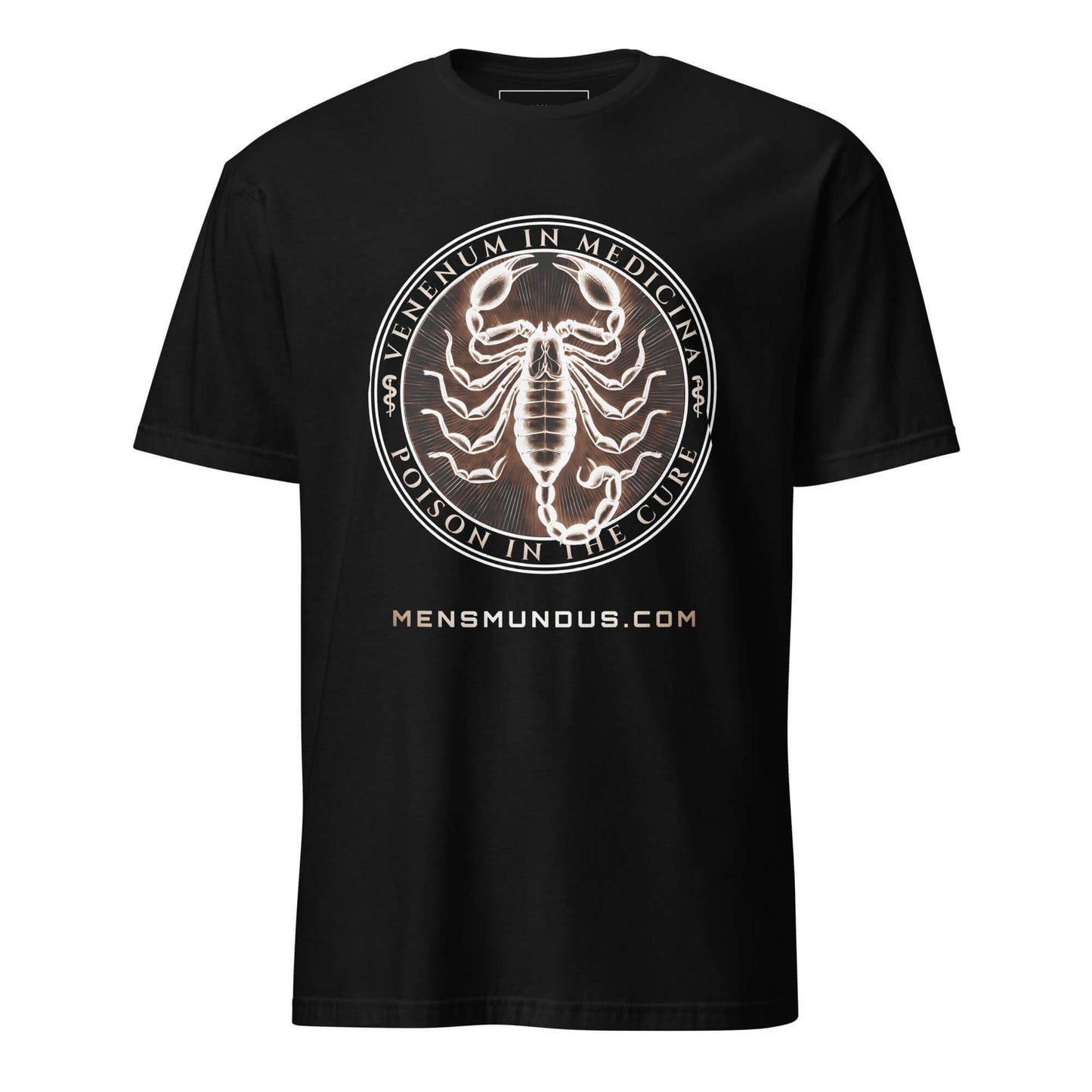 Scorpion "Venenum in Medicina" Mensmundus Edition Unisex T-Shirt 100% Cotton animal motif,animal print,bold design,casual wear,cure,duality,freedom,motivational,mystery,nature-inspired,poison,premium quality,resilience,scorpion,statement piece,strength,T-