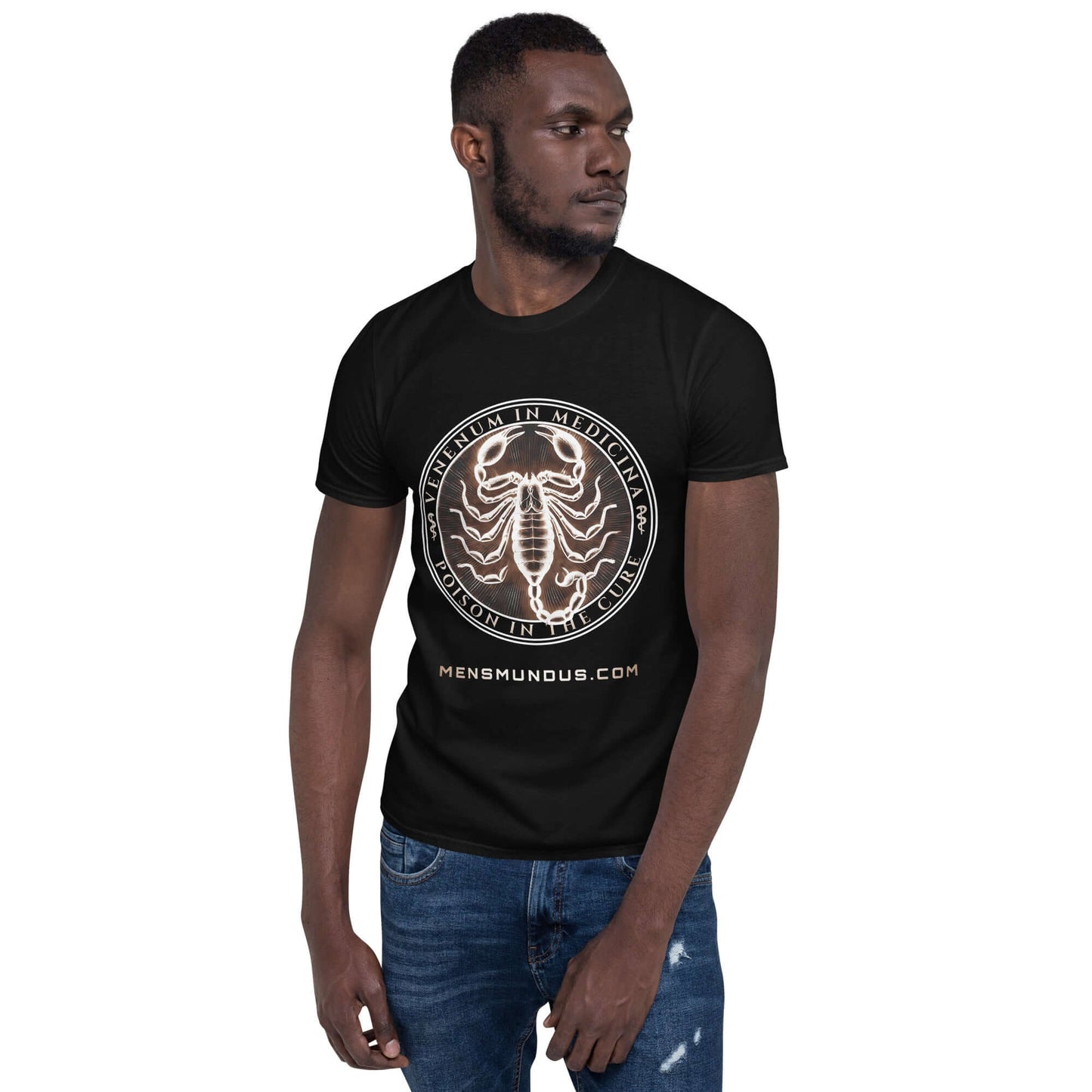 Scorpion "Venenum in Medicina" Mensmundus Edition Unisex T-Shirt 100% Cotton animal motif,animal print,bold design,casual wear,cure,duality,freedom,motivational,mystery,nature-inspired,poison,premium quality,resilience,scorpion,statement piece,strength,T-