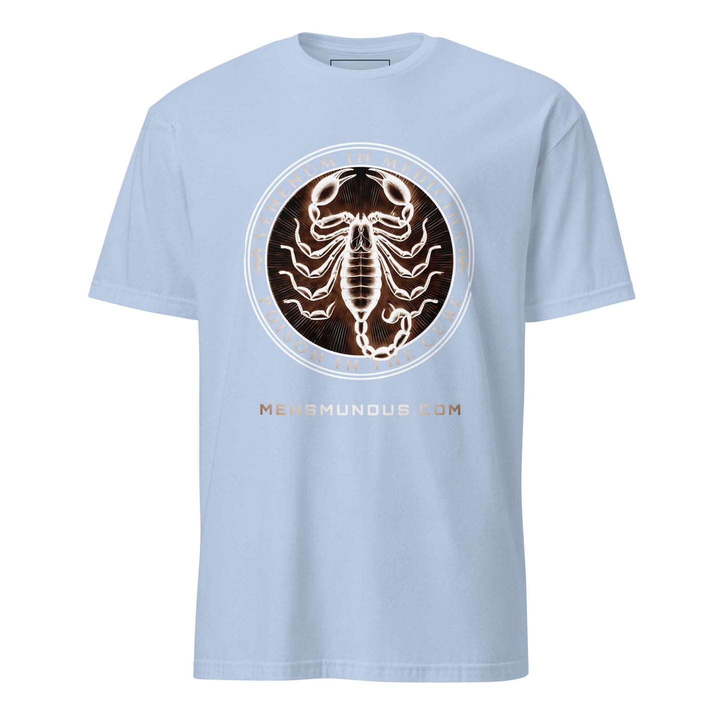 Scorpion "Venenum in Medicina" Mensmundus Edition Unisex T-Shirt 100% Cotton animal motif,animal print,bold design,casual wear,cure,duality,freedom,motivational,mystery,nature-inspired,poison,premium quality,resilience,scorpion,statement piece,strength,T-