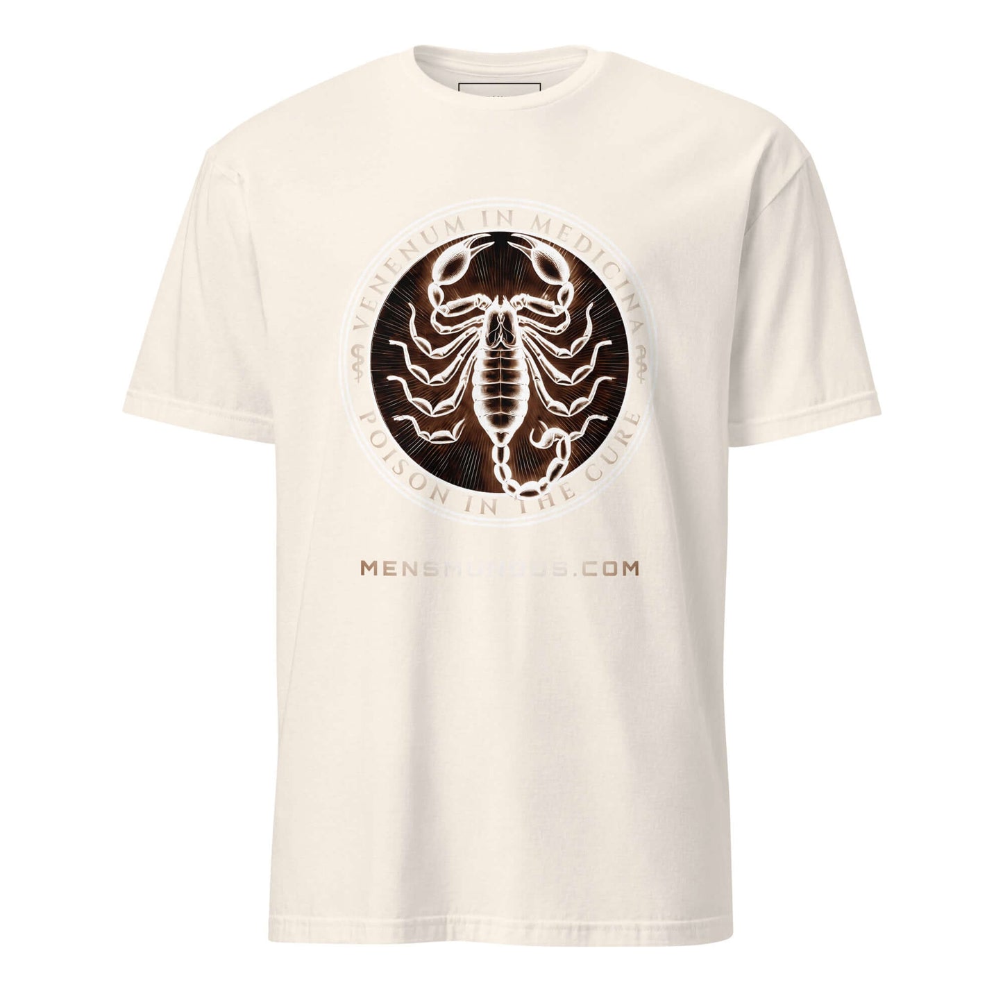 Scorpion "Venenum in Medicina" Mensmundus Edition Unisex T-Shirt 100% Cotton animal motif,animal print,bold design,casual wear,cure,duality,freedom,motivational,mystery,nature-inspired,poison,premium quality,resilience,scorpion,statement piece,strength,T-