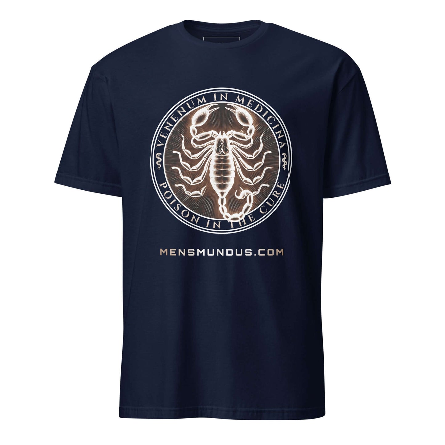 Scorpion "Venenum in Medicina" Mensmundus Edition Unisex T-Shirt 100% Cotton animal motif,animal print,bold design,casual wear,cure,duality,freedom,motivational,mystery,nature-inspired,poison,premium quality,resilience,scorpion,statement piece,strength,T-