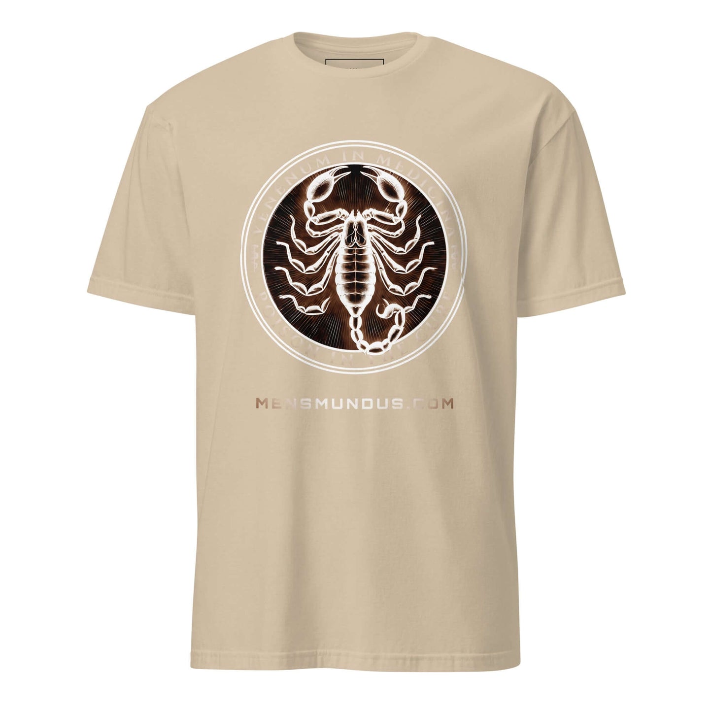 Scorpion "Venenum in Medicina" Mensmundus Edition Unisex T-Shirt 100% Cotton animal motif,animal print,bold design,casual wear,cure,duality,freedom,motivational,mystery,nature-inspired,poison,premium quality,resilience,scorpion,statement piece,strength,T-