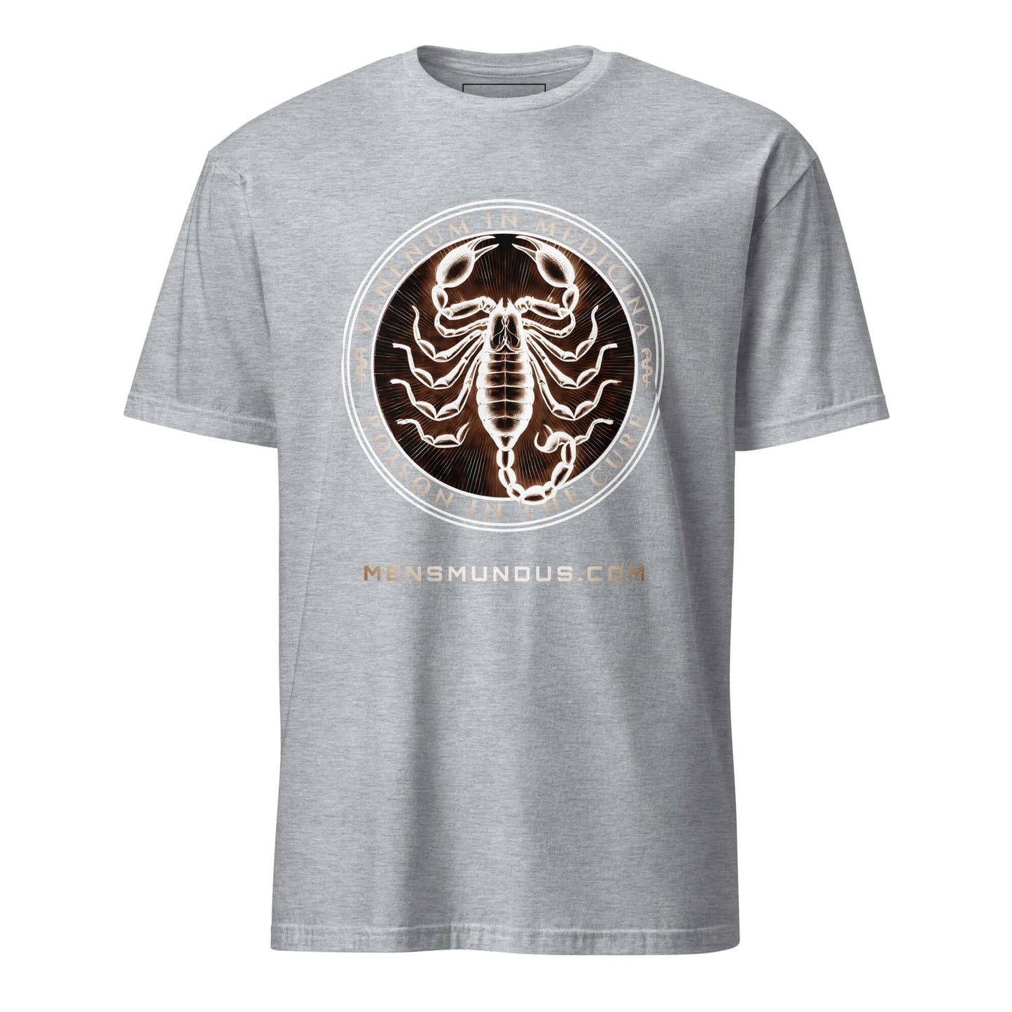 Scorpion "Venenum in Medicina" Mensmundus Edition Unisex T-Shirt 100% Cotton animal motif,animal print,bold design,casual wear,cure,duality,freedom,motivational,mystery,nature-inspired,poison,premium quality,resilience,scorpion,statement piece,strength,T-